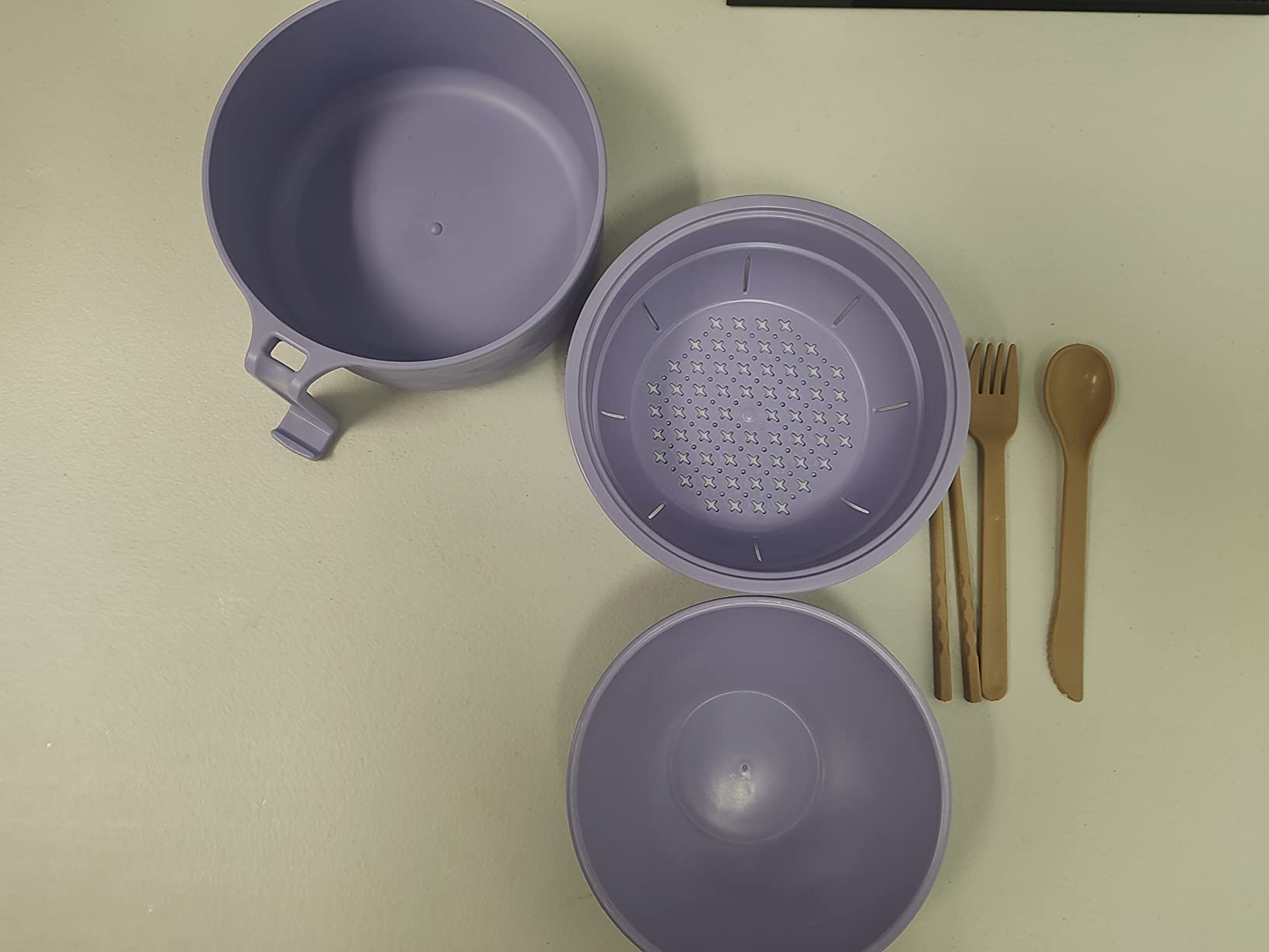 2 Sets Microwave Ramen Bowl 40 oz Wheat Fiber Portable Instant Noodle Cooker Bowl with Handles Strainer Spoon Chopstick Fork College Dorm Room Apartment Essentials (Pink, Purple) customer photo 2