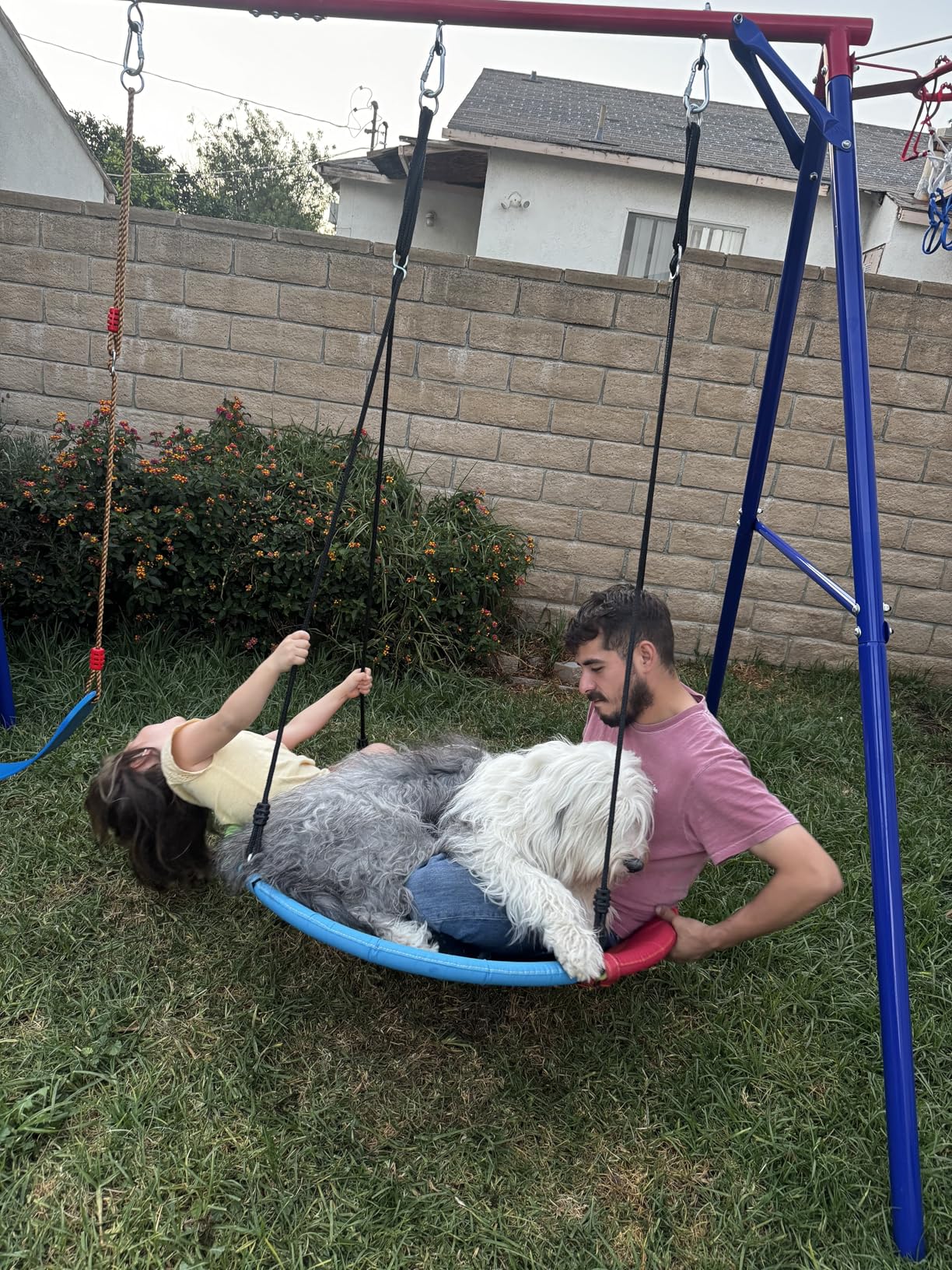 OLAKIDS Swing Sets for Backyard, 7 in 1 Outdoor 660LBS A-Frame Heavy Duty Metal Swing Stand with Monkey Bar for Kids, Playground Playset with Slide, 2 Swings, Glider, Trapeze Rings, Basketball Hoop customer photo 1