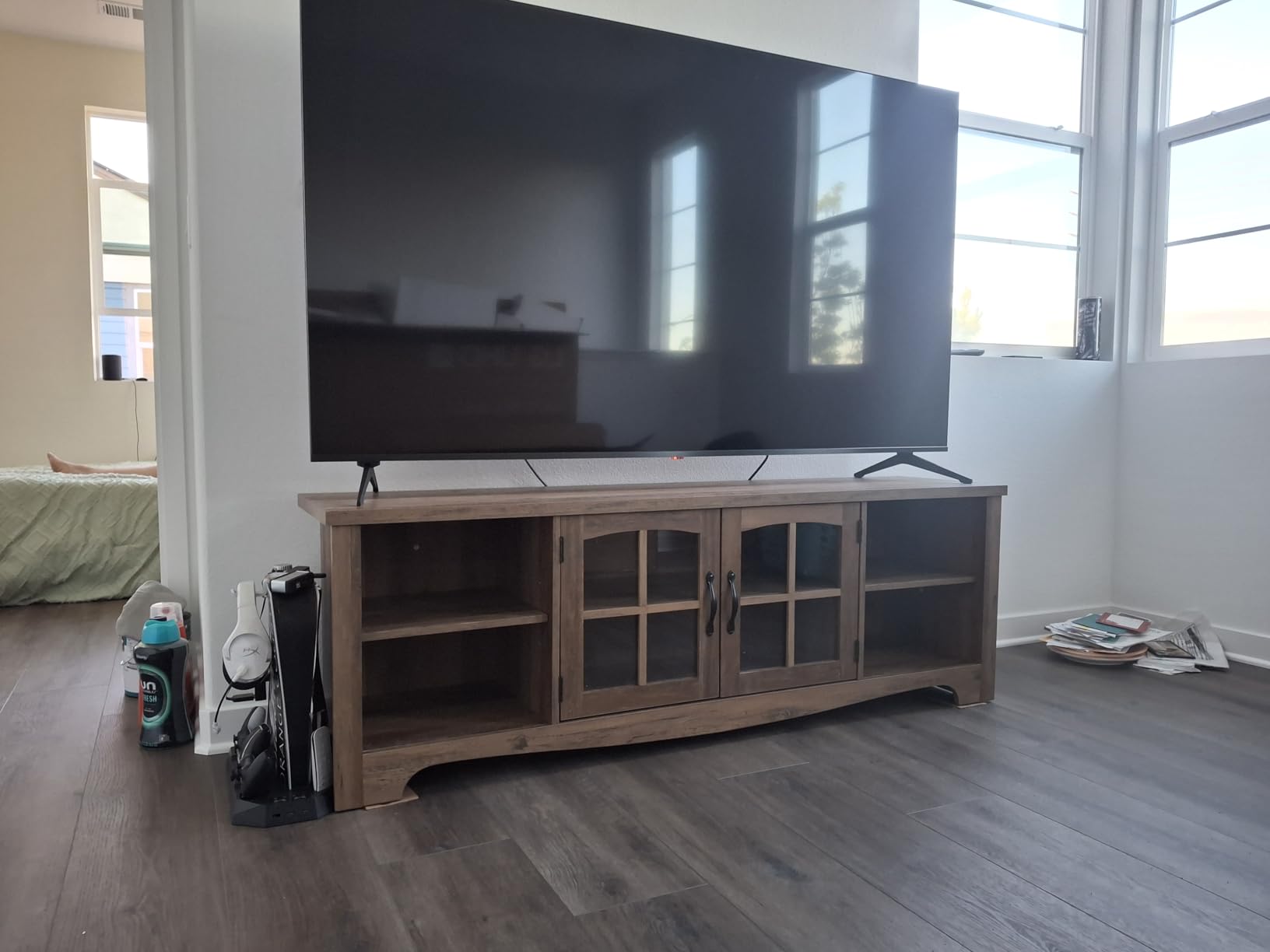 LINSY HOME Farmhouse TV Stand for 65 Inch TV, Wood Entertainment Center with Glass Door Storage Cabinet & Adjustable Shelves, Large Sturdy TV Console Table for Living Room Bedroom customer photo 1