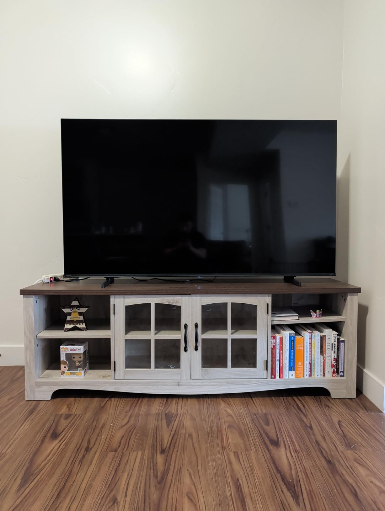 LINSY HOME Farmhouse TV Stand for 65 Inch TV, Wood Entertainment Center with Glass Door Storage Cabinet & Adjustable Shelves, Large Sturdy TV Console Table for Living Room Bedroom customer photo 2