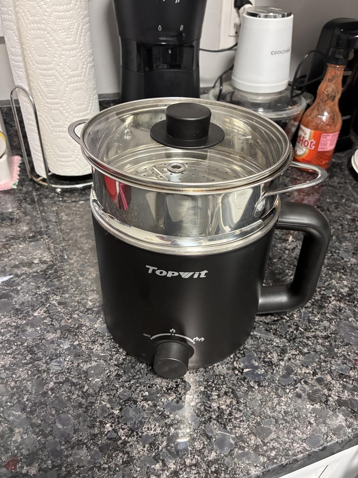 Topwit Hot Pot Electric with Steamer, 1.6L Ramen Cooker, Electric Pot for Pasta, Shabu-Shabu, Oatmeal, Soup and Egg, Portable Cooker with Dual Power Control, Dorm Room Essentials, Blue customer photo 2