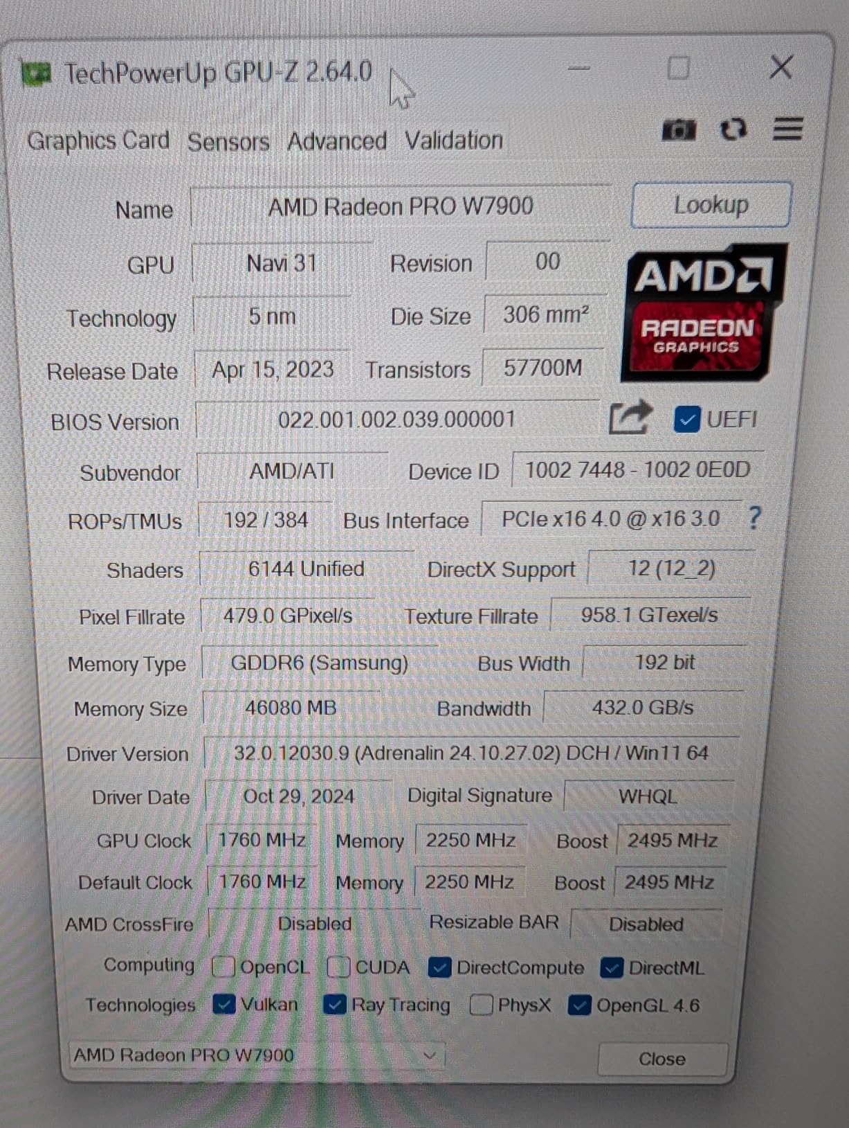 AMD Radeon Pro W7900, Professional Graphics Card, Workstation, AI, 3D Rendering, 48GB GDDR6 customer photo 1