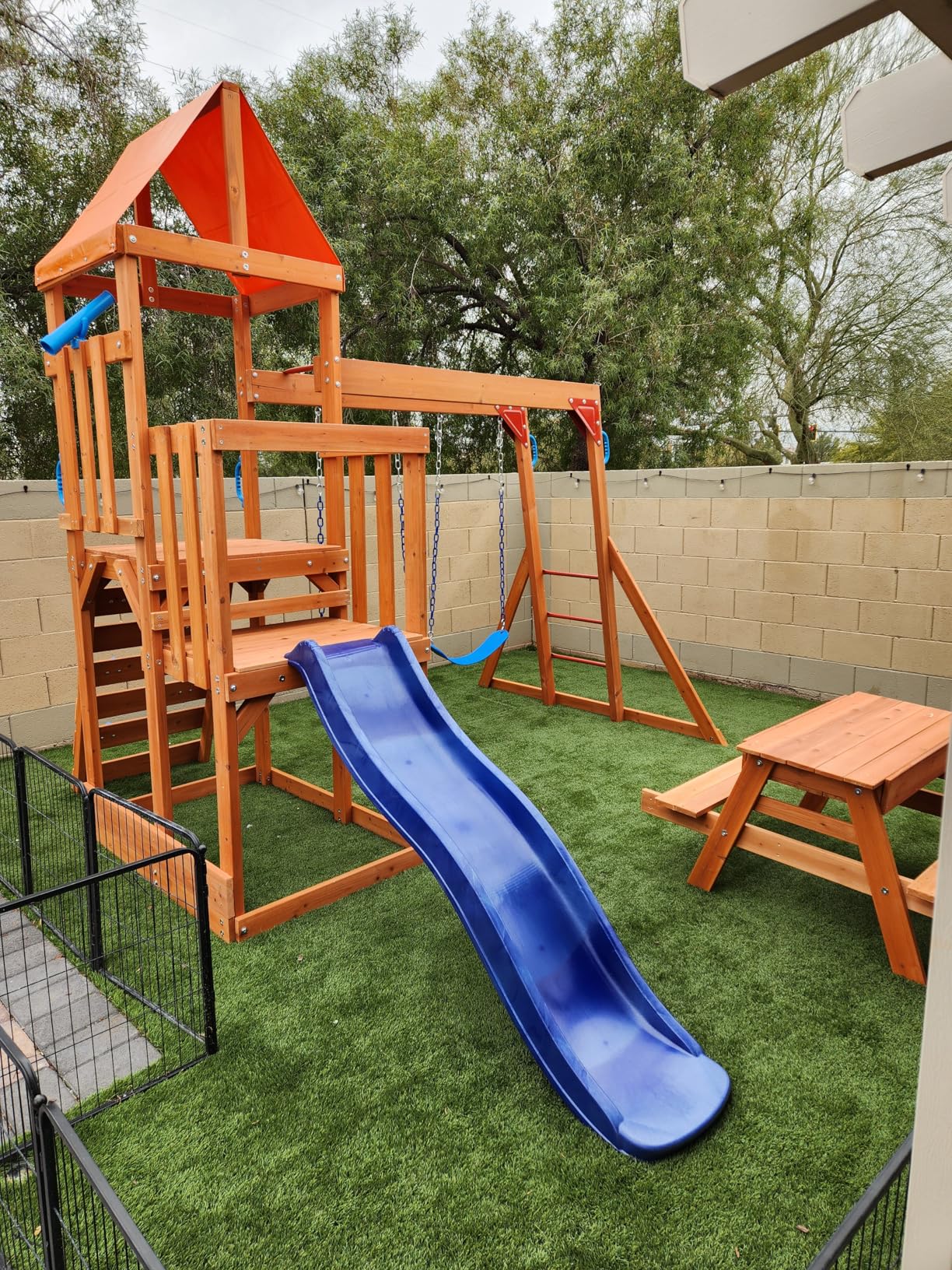 Dolphin Playground Cedar Wooden Swing Sets for Backyard, Outdoor Playset for Kids with Monkey Bar, 2 in 1 Outdoor Table, Wave Slide, Climbing Wall, and 2 Belt Swings customer photo 2