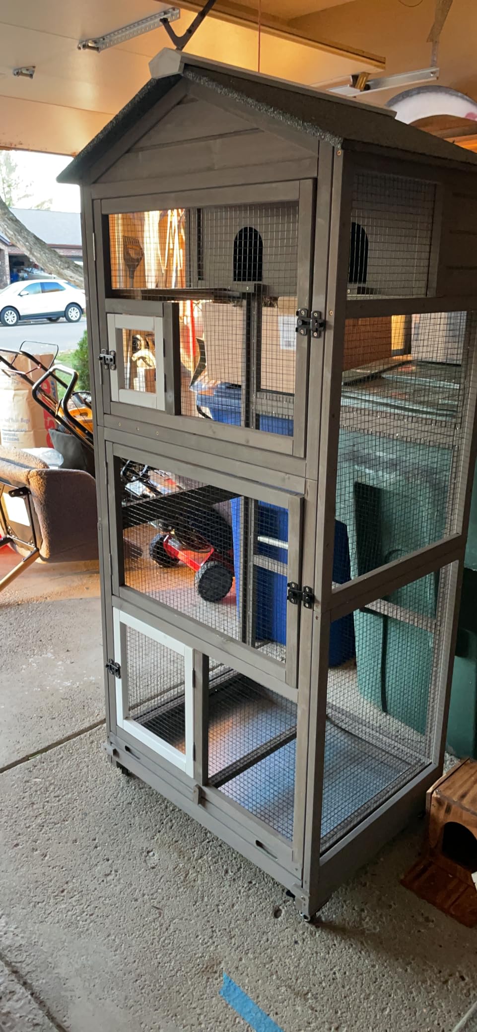 Gowoodhut 68.8'L Outdoor Bird Aviary Indoor Wooden Large Bird Cage Parakeet Cage on Wheels, Removable Wire Netting Slide Pull Out Tray, 2 Perches, Nest House, Ideal for Small Birds, Finches, Parrots, Grey customer photo 1