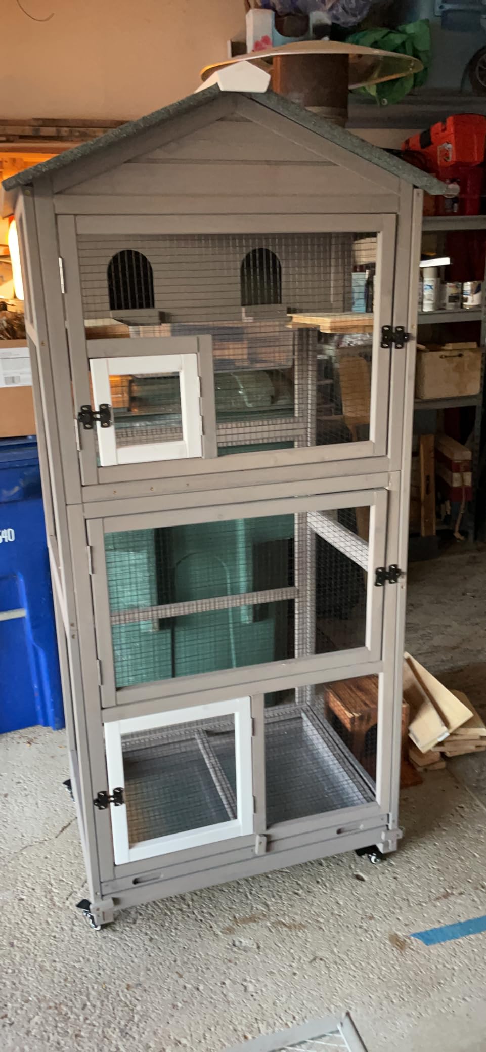 Gowoodhut 68.8'L Outdoor Bird Aviary Indoor Wooden Large Bird Cage Parakeet Cage on Wheels, Removable Wire Netting Slide Pull Out Tray, 2 Perches, Nest House, Ideal for Small Birds, Finches, Parrots, Grey customer photo 2