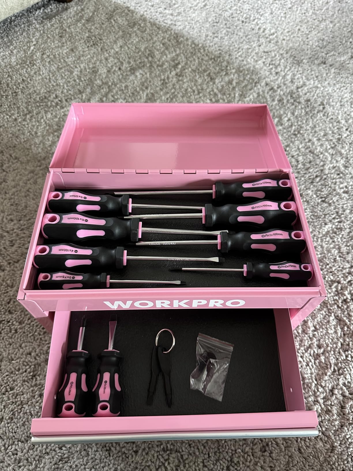 WORKPRO Mini Metal Tool Box with 2 Drawers and Top Storage, Small Tool Chest with PVC Liners and PP Feet Pads, Cold Rolled Steel Toolbox with Magnetic Tab customer photo 1