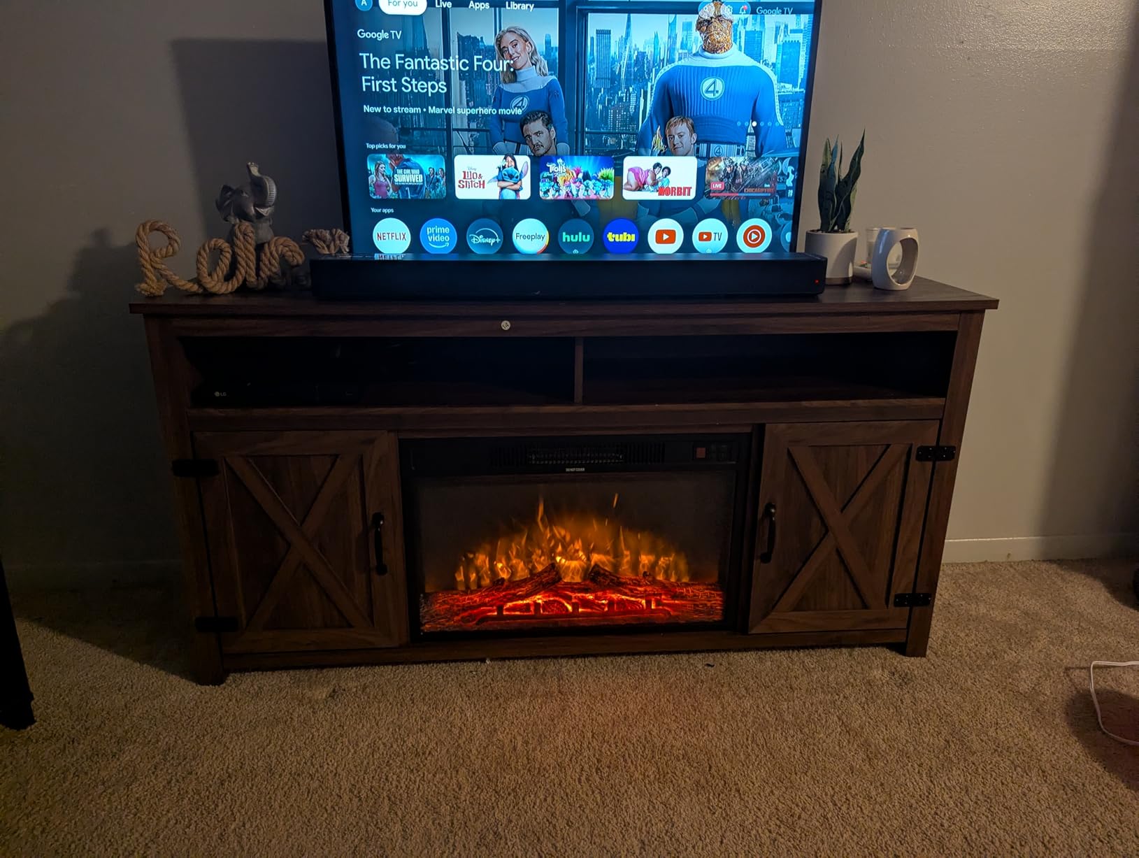 Furmax Farmhouse Fireplace TV Stand for TVs Up to 65 Inch Highboy Entertainment Center with Open Storage and Side Cabinets Rustic Media Console Table with Barn Doors for Living Room (Barnwood) customer photo 1