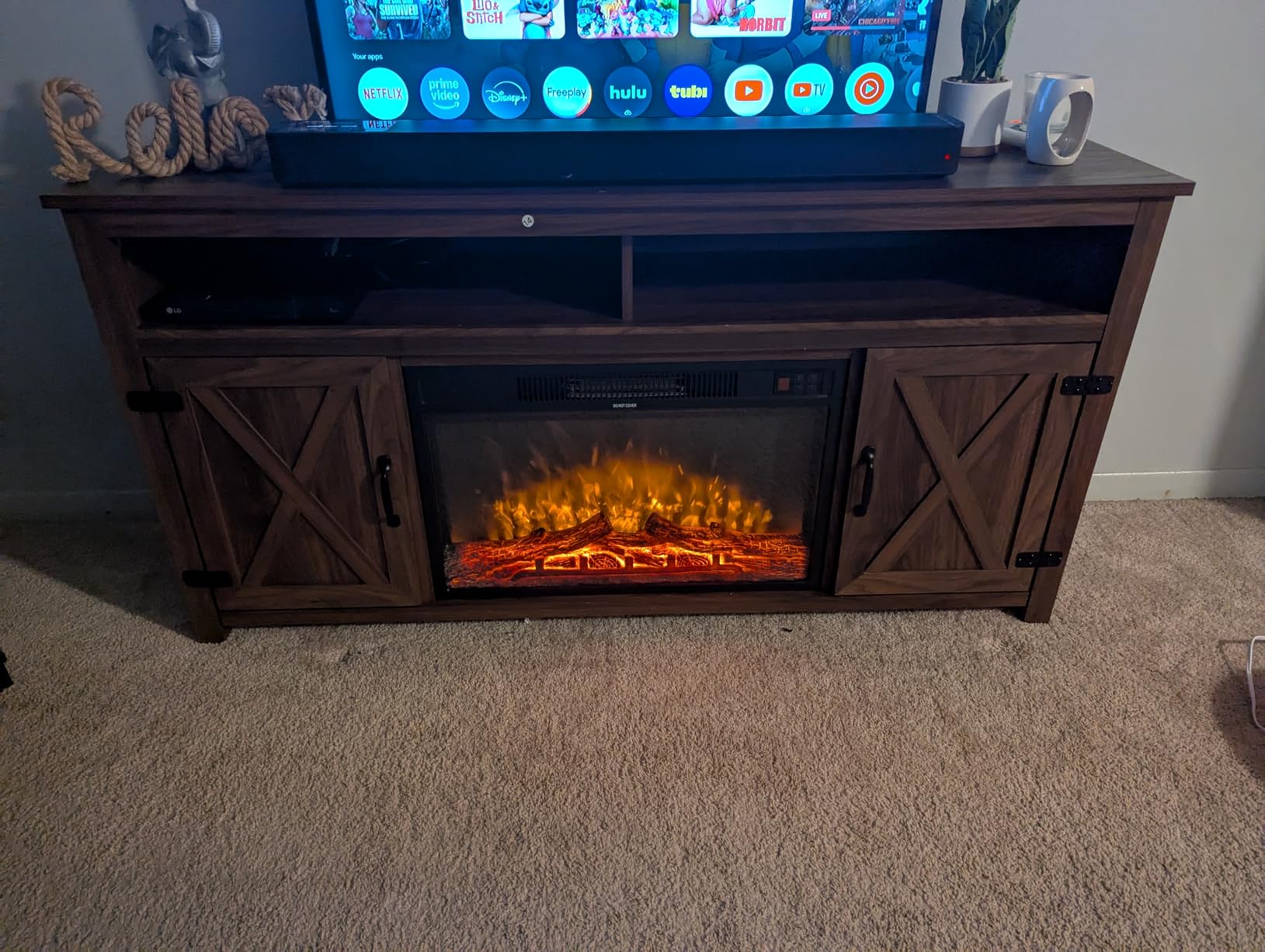 Furmax Farmhouse Fireplace TV Stand for TVs Up to 65 Inch Highboy Entertainment Center with Open Storage and Side Cabinets Rustic Media Console Table with Barn Doors for Living Room (Barnwood) customer photo 2