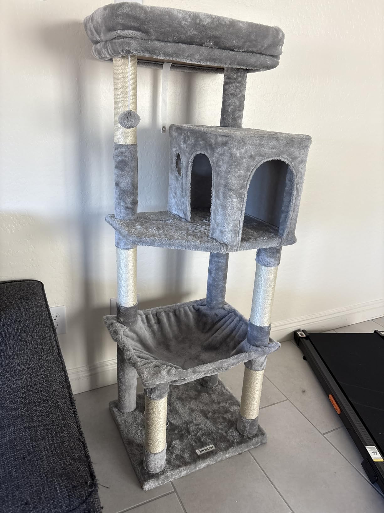 Globlazer Cat Tree Tower with Scratching Post for Indoor Cats, 53inch Tall Plush Multi-Level Cat Climbing Tower Condo House with Large Hammock, Spacious Cat Cave, Padded Top Perch Bed, F53, Light Gray customer photo 2