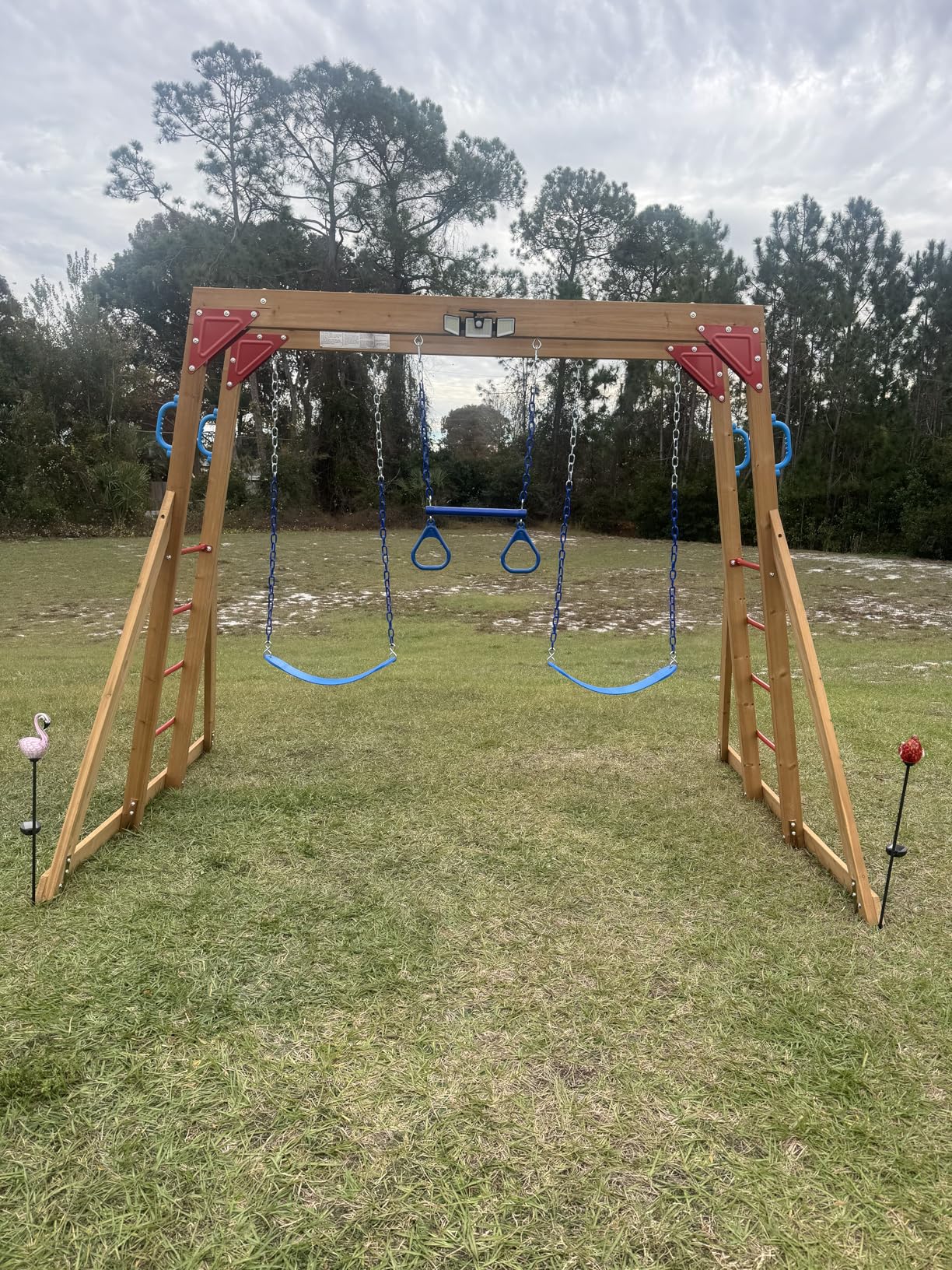 Dolphin Playground Wood Swing Sets for Backyard with Monkey Bar, Kids Outdoor Play Equipment, Outdoor Playset for Kids with Trapeze Swing Bar and 2 Belt Swings customer photo 1