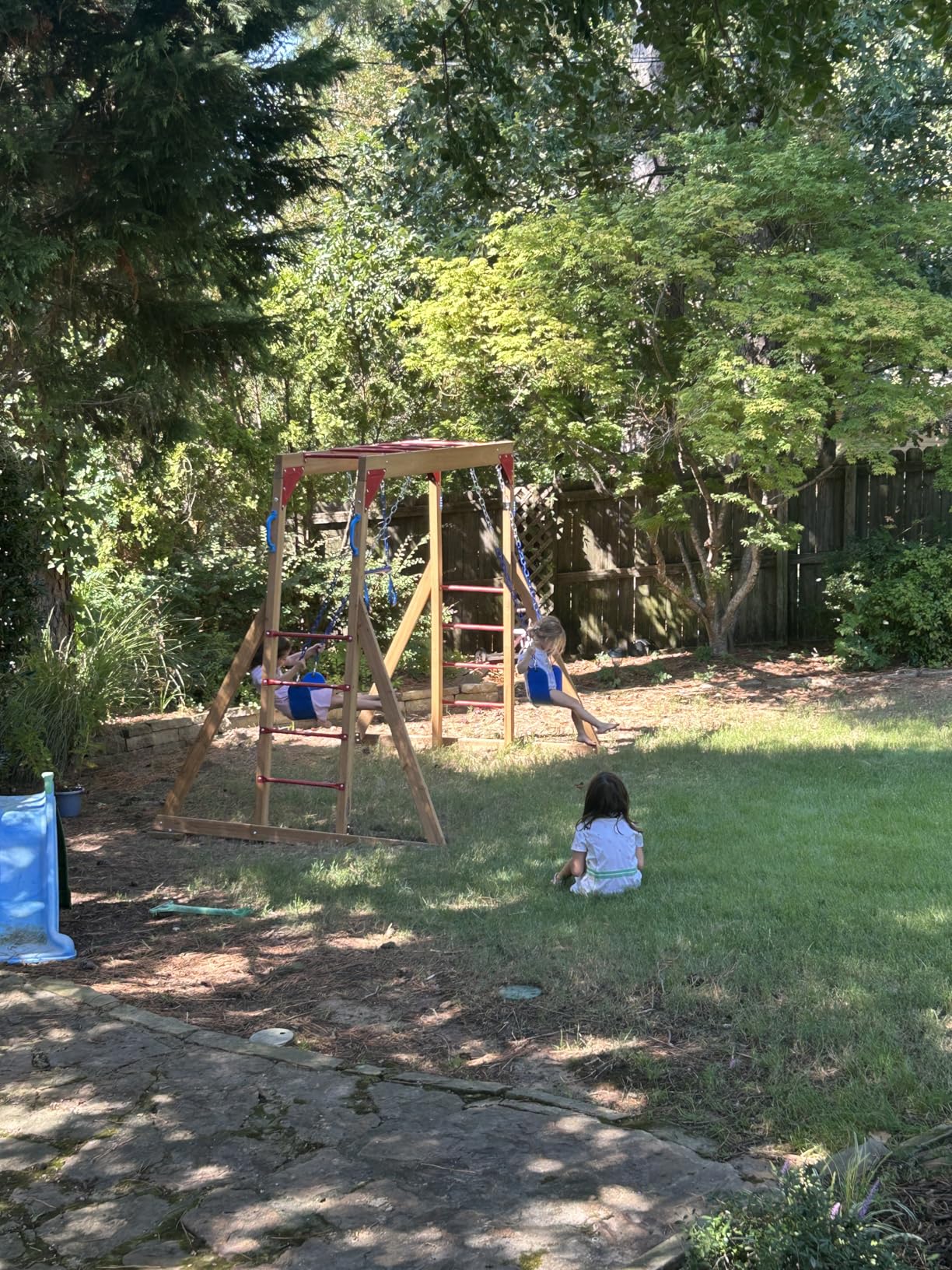 Dolphin Playground Wood Swing Sets for Backyard with Monkey Bar, Kids Outdoor Play Equipment, Outdoor Playset for Kids with Trapeze Swing Bar and 2 Belt Swings customer photo 2