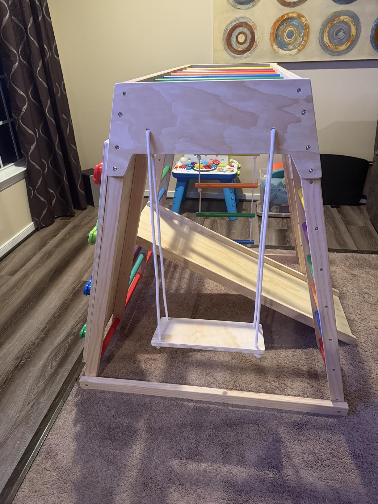 EDOSTORY 7 in 1 Pikler Indoor Playground Jungle Gym Playset, Wooden Montessori Climber with Slide, Rock Climb Wall, Monkey Bars, Rope Ladder, Climbing Rope and Swing for Kids (Rainbow) customer photo 1