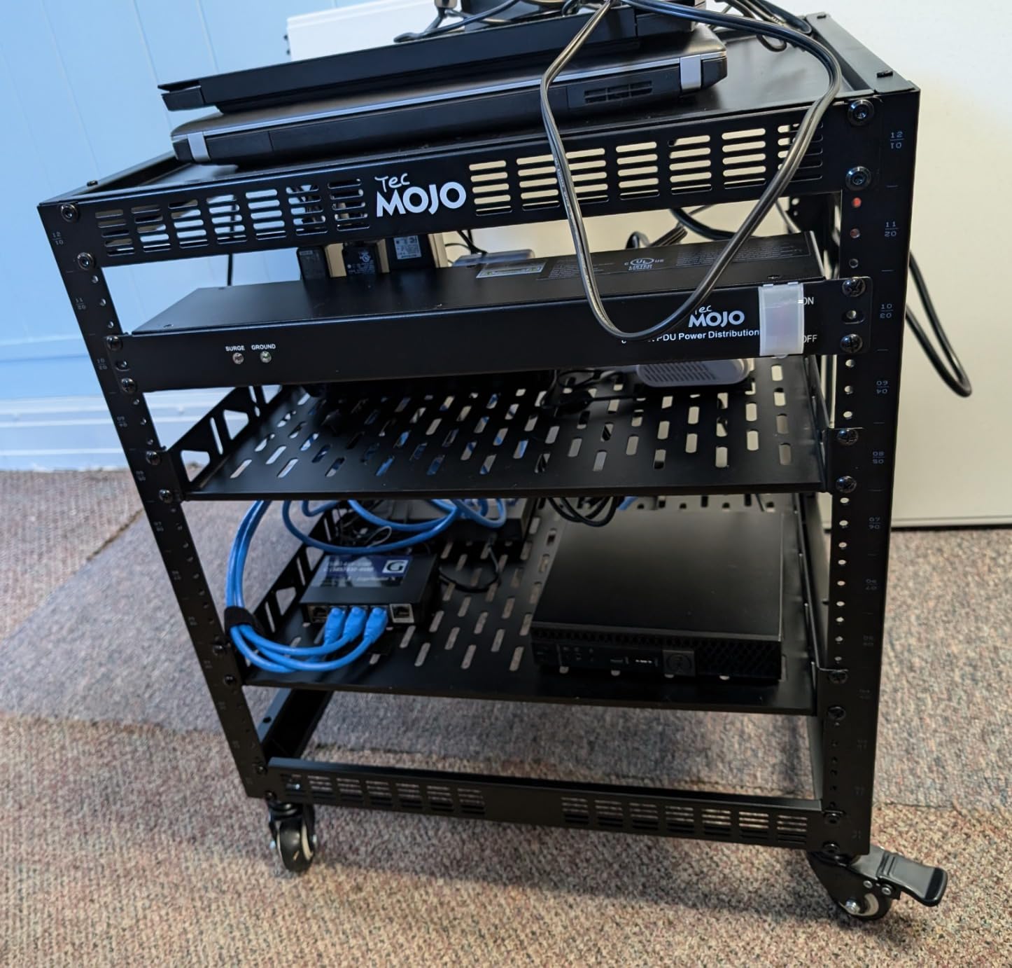 TECMOJO 12U Open Frame Network Rack for IT & AV Gear, 4-Post With Casters, Mobile With 2 PCS 1U Server Shelf & Mounting Hardware, for 19