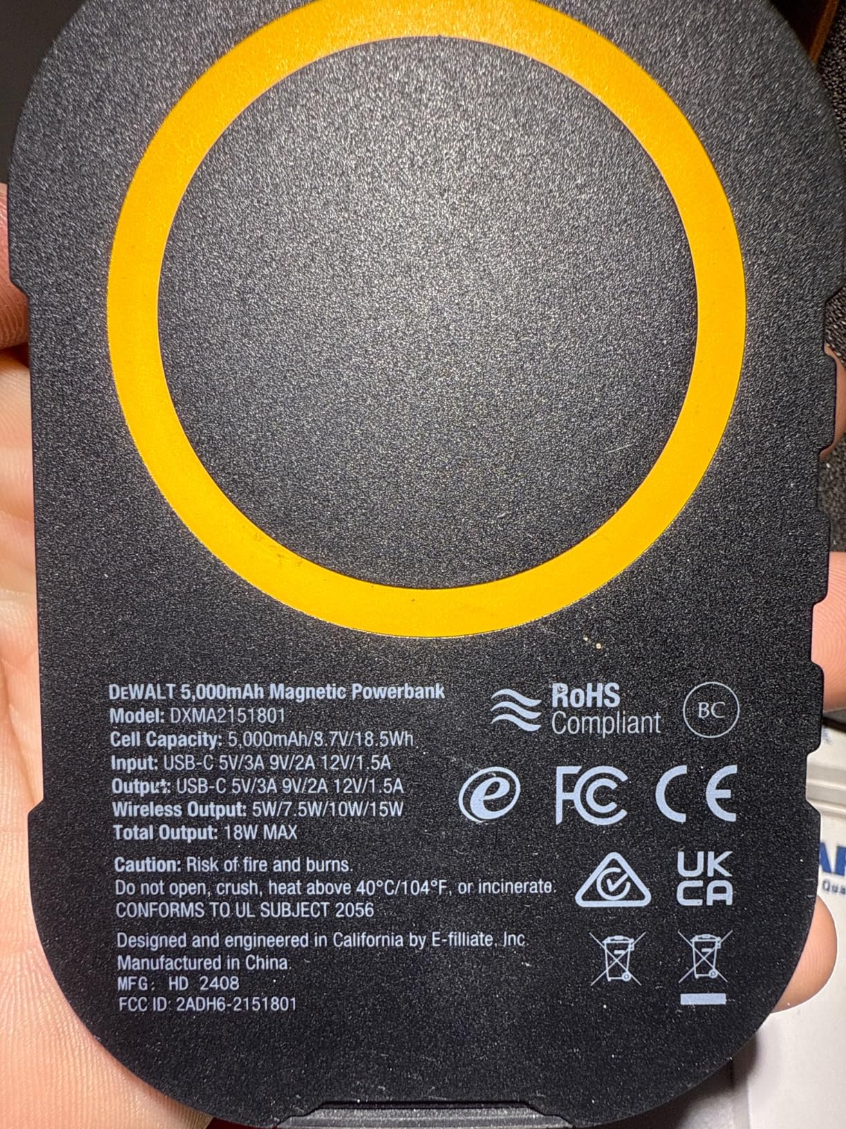 DEWALT Heavy Duty Magnetic Power Bank 5,000mAh, Rugged Wireless Portable Charger 18W Fast Charging Battery Pack, USB-C to C w/USB Adapter Cable 4' Water Resistant Works w/Magsafe iPhone 17/16/15/14 customer photo 1