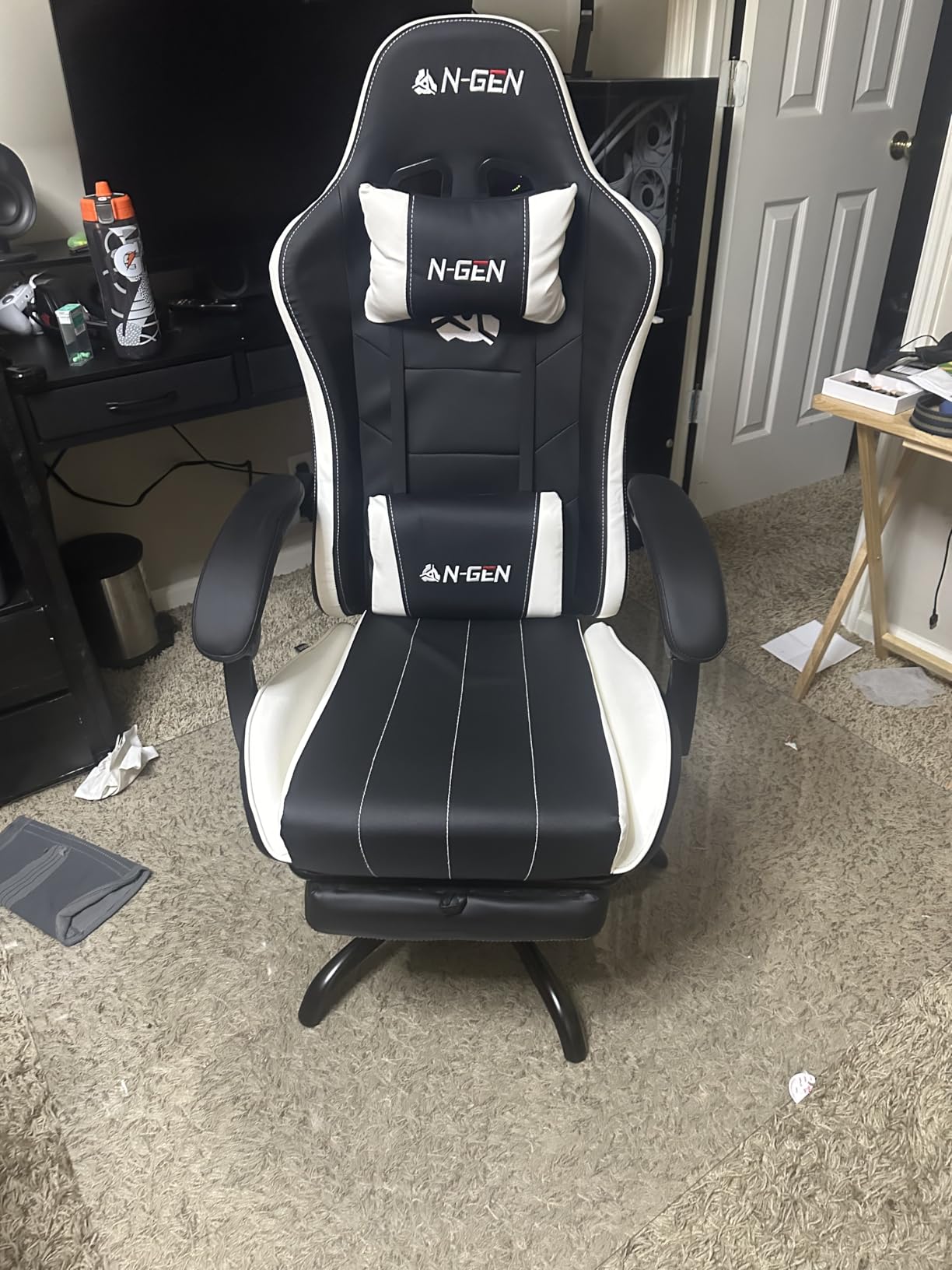 N-GEN GAMING Video Gaming Chair with Footrest Lumbar Support for Home Office High Back Recliner Height Adjustable Ergonomic Comfy Leather Computer Desk Chair (White) customer photo 1