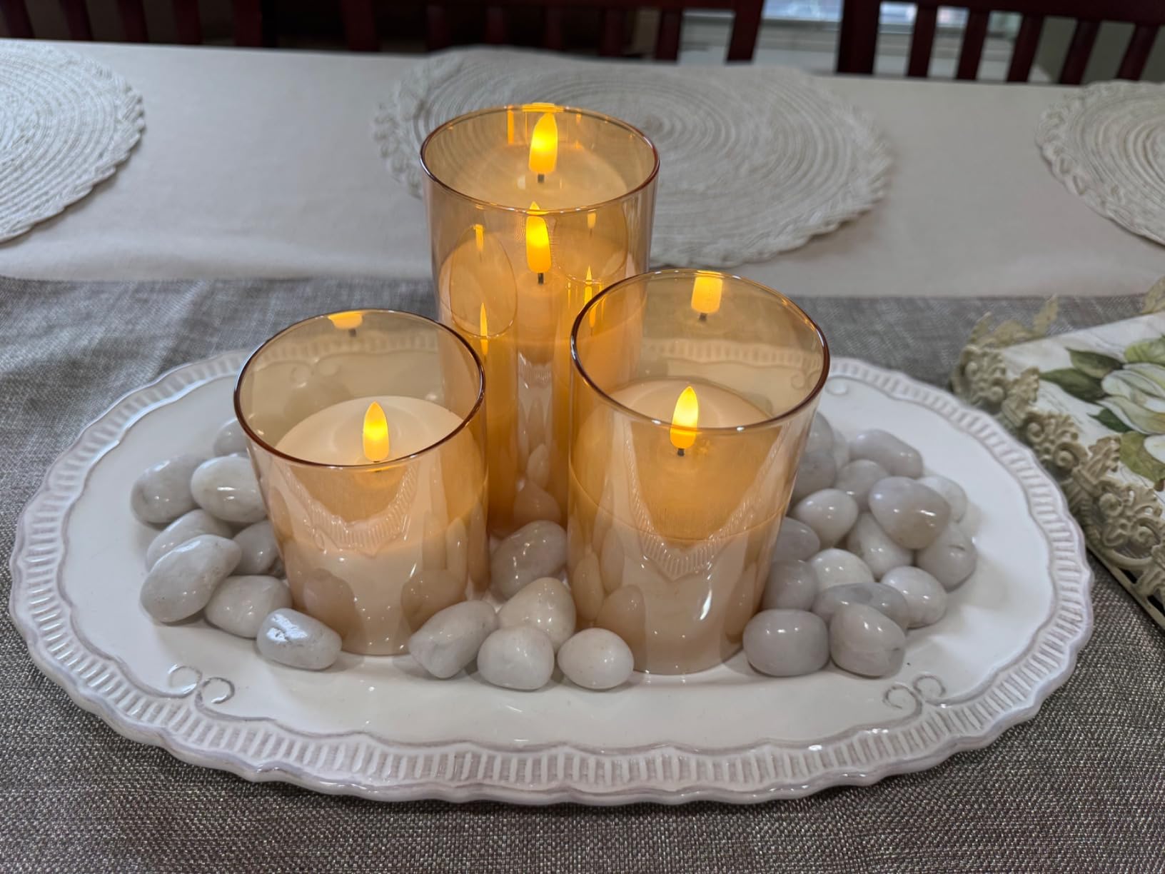 Vanilla Scented Glass Wax Flameless LED Candles with Remote & Timer, Battery Operated Pillar Flickering Light Safe for Home, Spa, Office, Gifts, Thanksgiving, Christmas Home Decor (Pack of 3)-Gold customer photo 2