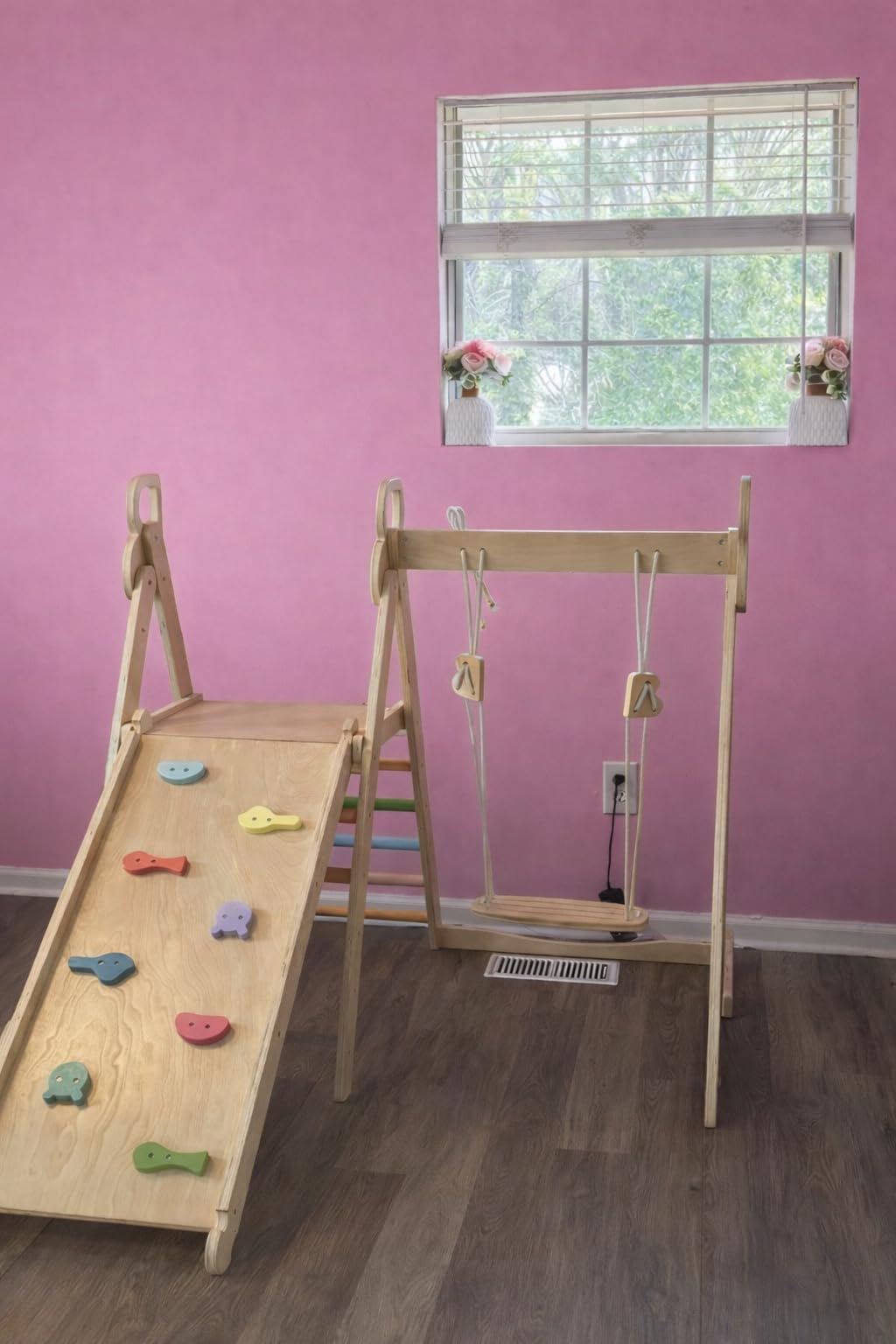 BlueWood 4 in 1 Indoor Jungle Gym, Foldable Wooden Climbing Set with Swing, Slide, Ladder and Climbing Wall, Montessori Philosophy Climber Playset for Kids Aged 2+ (Sky Blue) customer photo 1