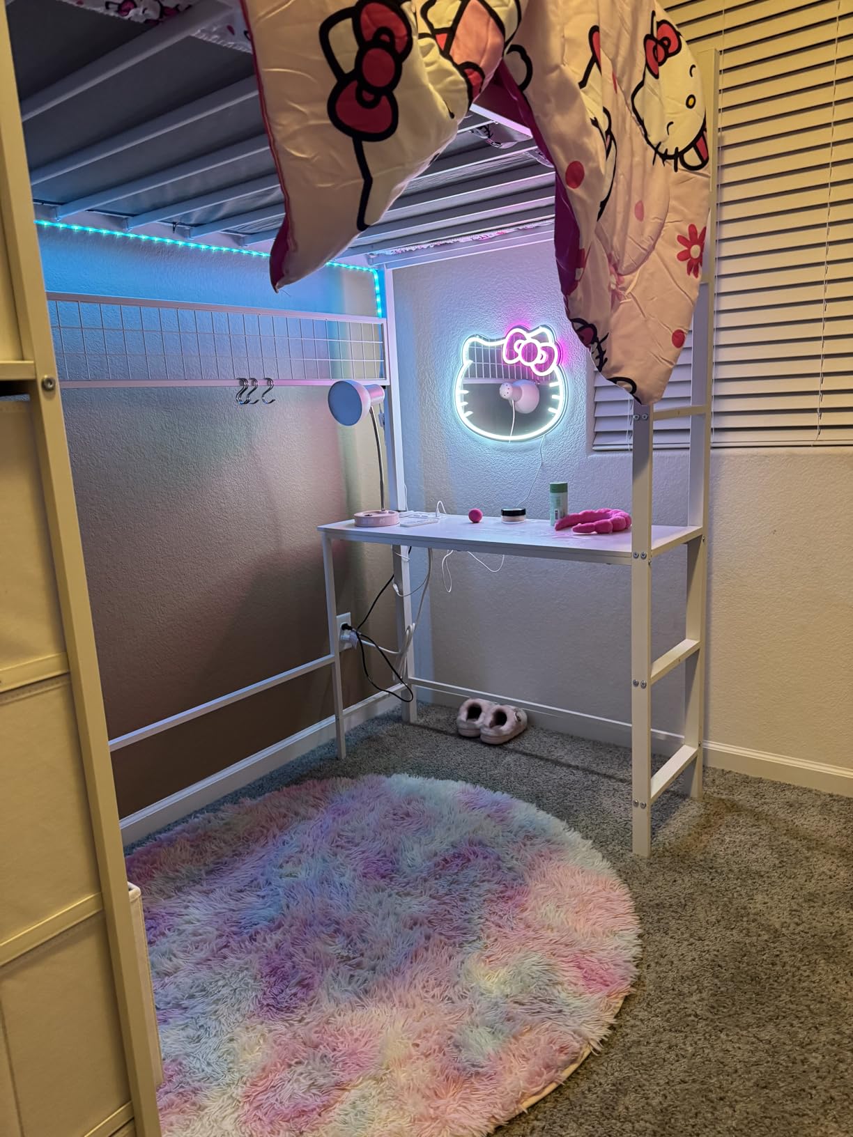 ADORNEVE Twin Size Loft Bed with Desk and 8 Storage Drawers, Metal Kids Loft Bed Twin with LED Lights & Charging Station, Storage Shelves, 13.1