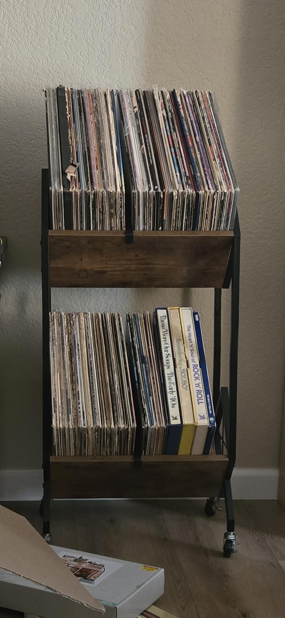 SwaaVee Vinyl Record Storage Holder with Wheels, 2-Tier Record Holder 160-200 LP with Dividers, Retro Style Quick Assembly Vinyl Record Display for Albums, Magazine, Book, Files (2 Tier- Rustic Brown) customer photo 2
