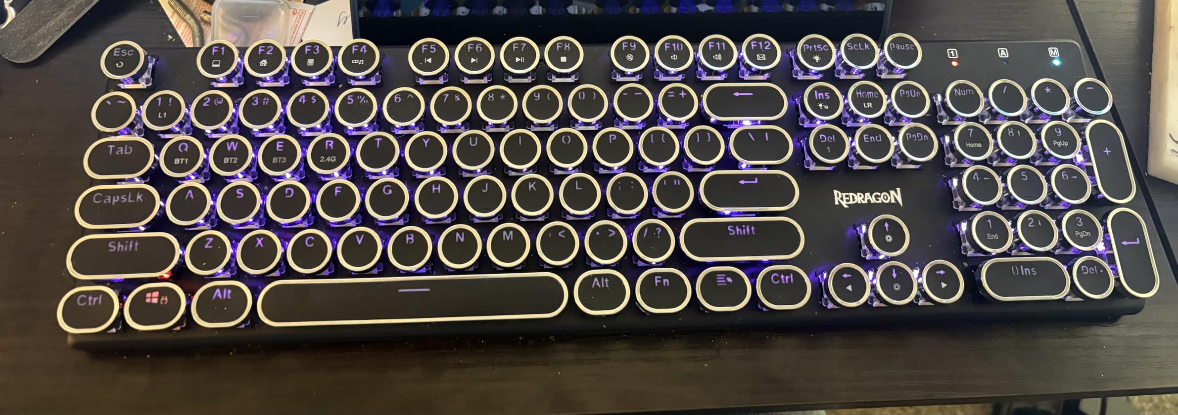 Redragon K710 Wireless Typewriter Mechanical Gaming Keyboard, Bluetooth/2.4Ghz/Wired, RGB LED Backlit, Blue Switch - Clicky, Rechargeable, Solid Metal Panel, Round Keycaps, White customer photo 2