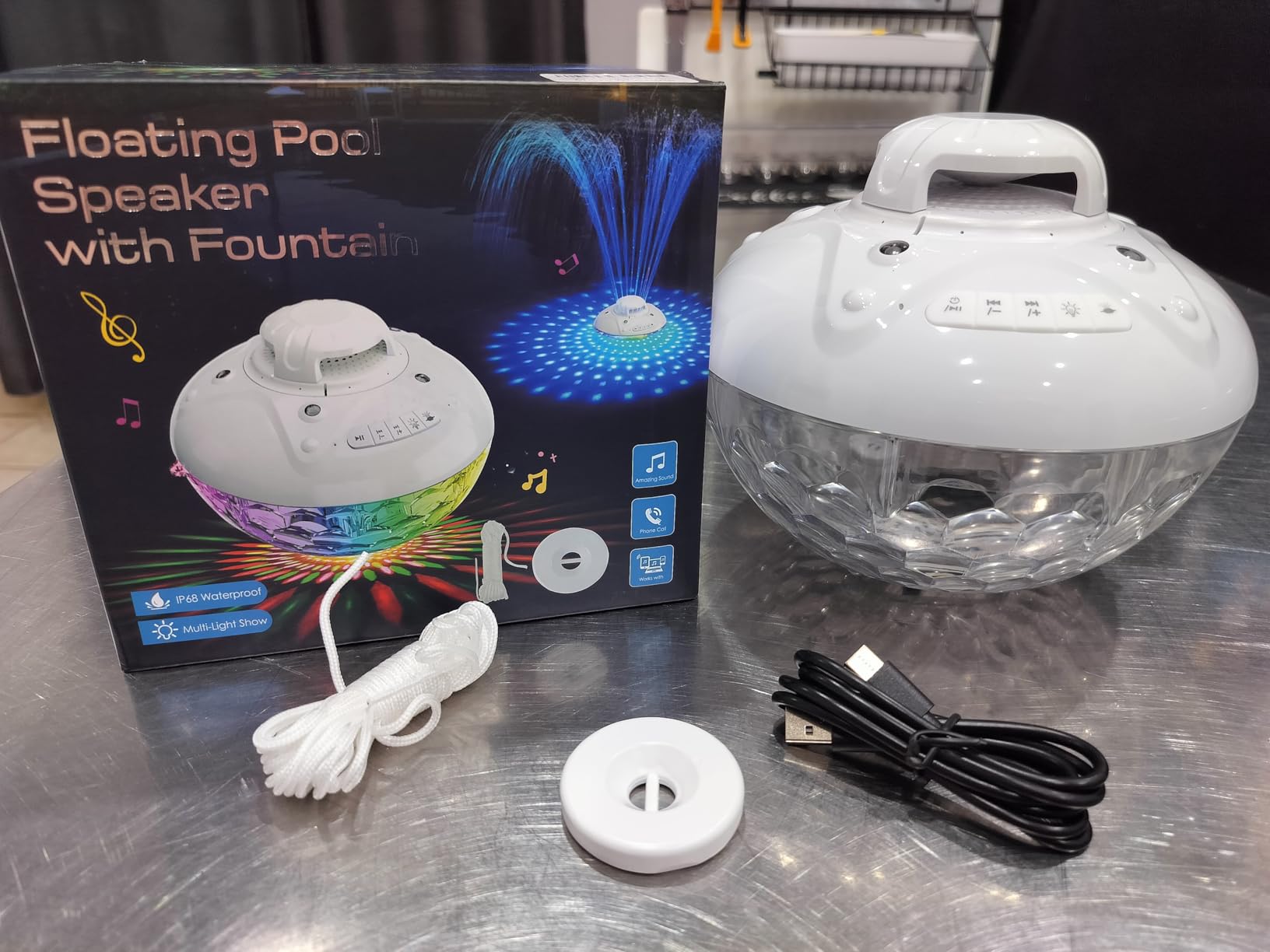 KingSom 3 in 1 Bluetooth Pool Speaker with Pool Fountain Light, Floating Pool Speaker for Pool, IP68 Waterproof Hot Tub Speakers, Loud Sound, BT5.4,24H Playtime Pool Water Fountain, White customer photo 2