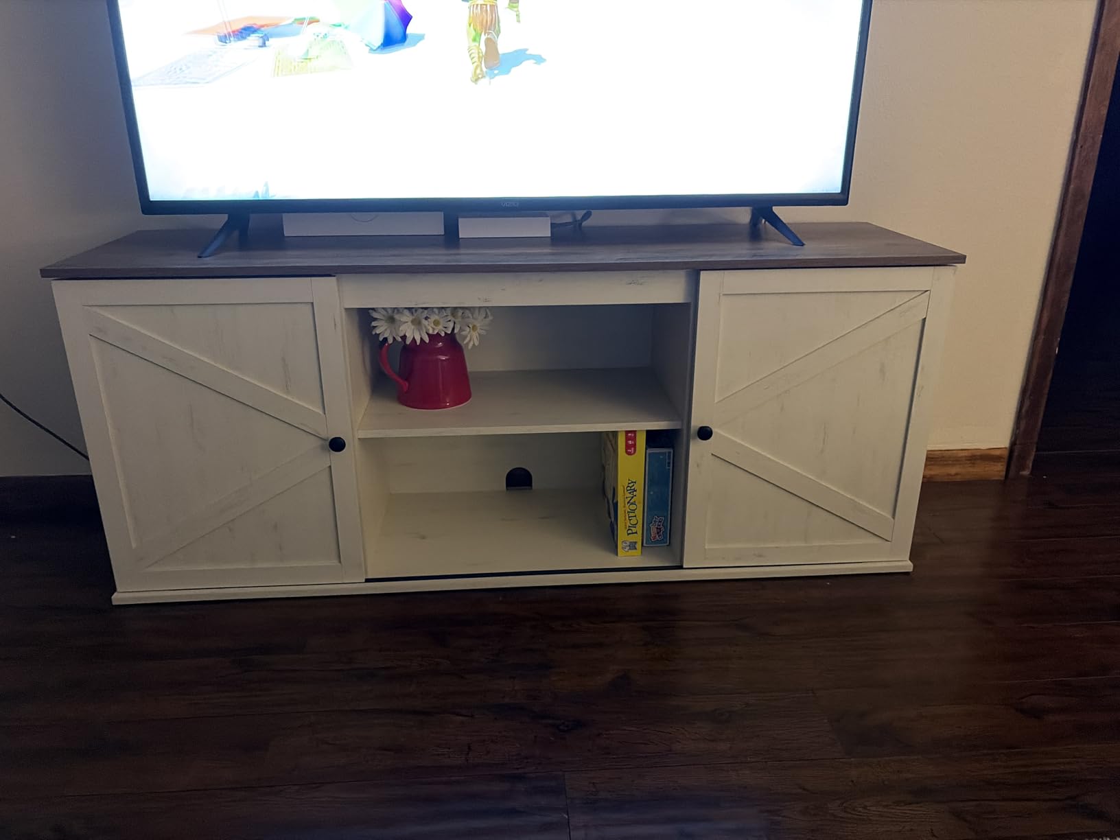 VASAGLE Farmhouse TV Stand for TVs up to 80 Inches, Entertainment Center with Storage Cabinets and Sliding Barn Doors, Media Console Table for Living Room, Rustic White and Honey Brown ULTV537W01 customer photo 2