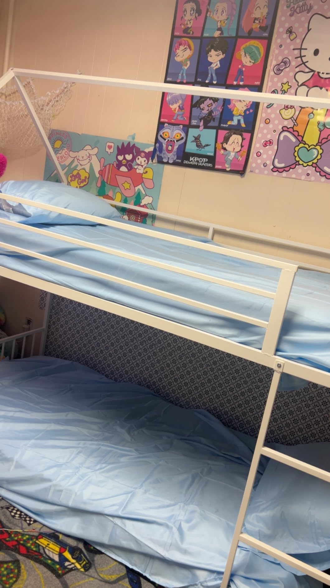LIKIMIO Bunk Bed Twin XL Over Twin XL, Metal Bunk Bed Frame with Ladder and Guardrail, House Shaped with Metal Slats for Dormitory and Bedroom, Space Saving, No Box Spring Needed, White customer photo 2