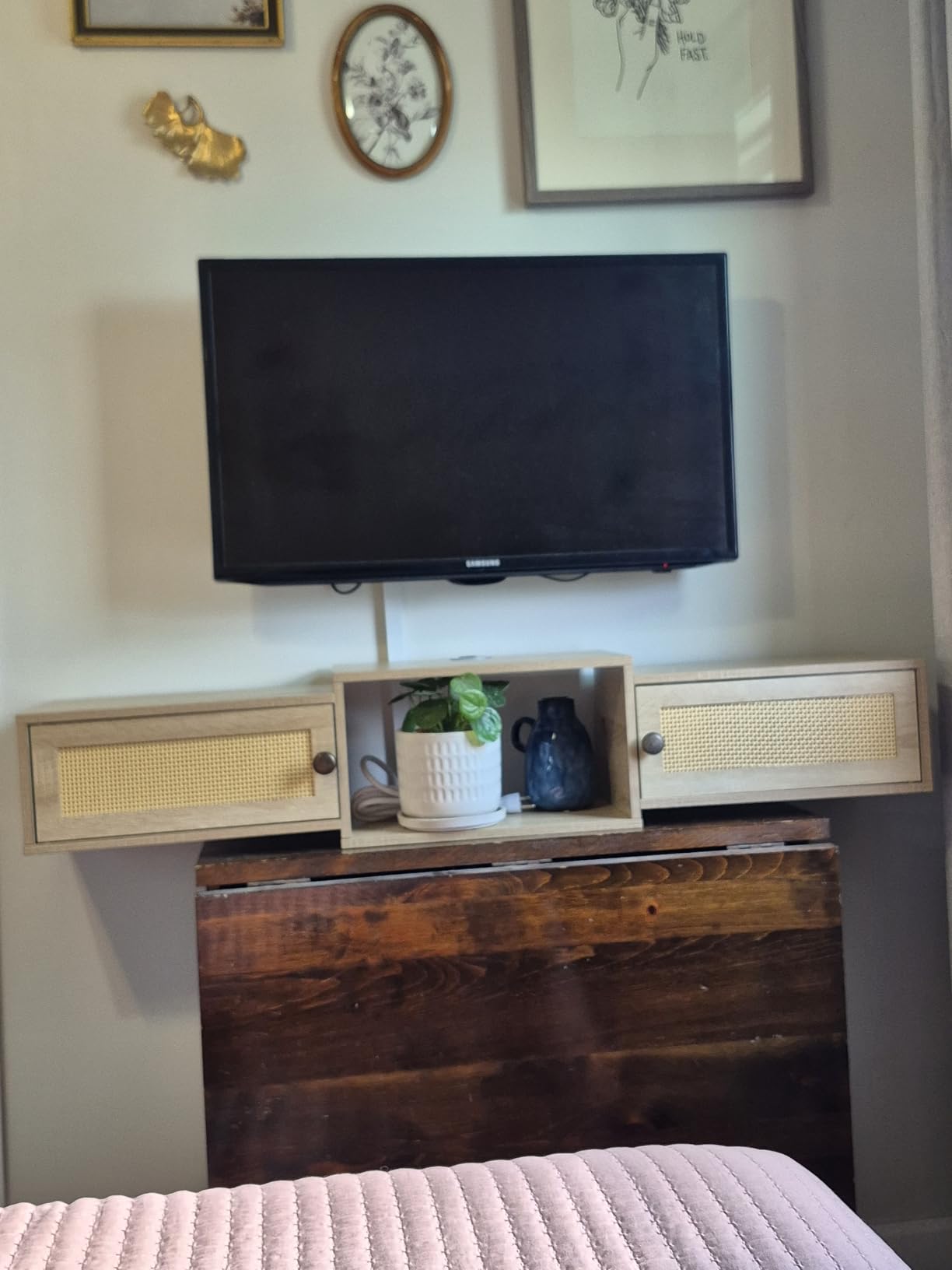IBUYKE Modern Rattan Floating TV Stand with Doors, Wall Mounted TV Shelf for TVs up to 55 Inches, Media Console Entertainment Center for Under TV Storage Cabinet for Living Room Bedroom, Natural customer photo 1