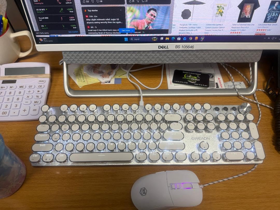 EWEADN Wired Typewriter Keyboard and Mouse Combo, Typewriter Style Mechanical Keyboard,104 Keys Backlit LED Keyboards, Media Control Knob, Wired Keyboard Pink Switch for Windows/PC-Green customer photo 1
