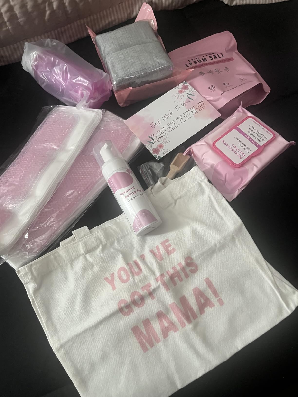 Postpartum Essentials Kit - Peri Bottle, Perineal Ice Packs, Perineal Healing Foam, Disposable Underwears, Cooling Pad Liners, Bath Salts, Canvas Bag, Card, Postpartum Gifts for Mom customer photo 1