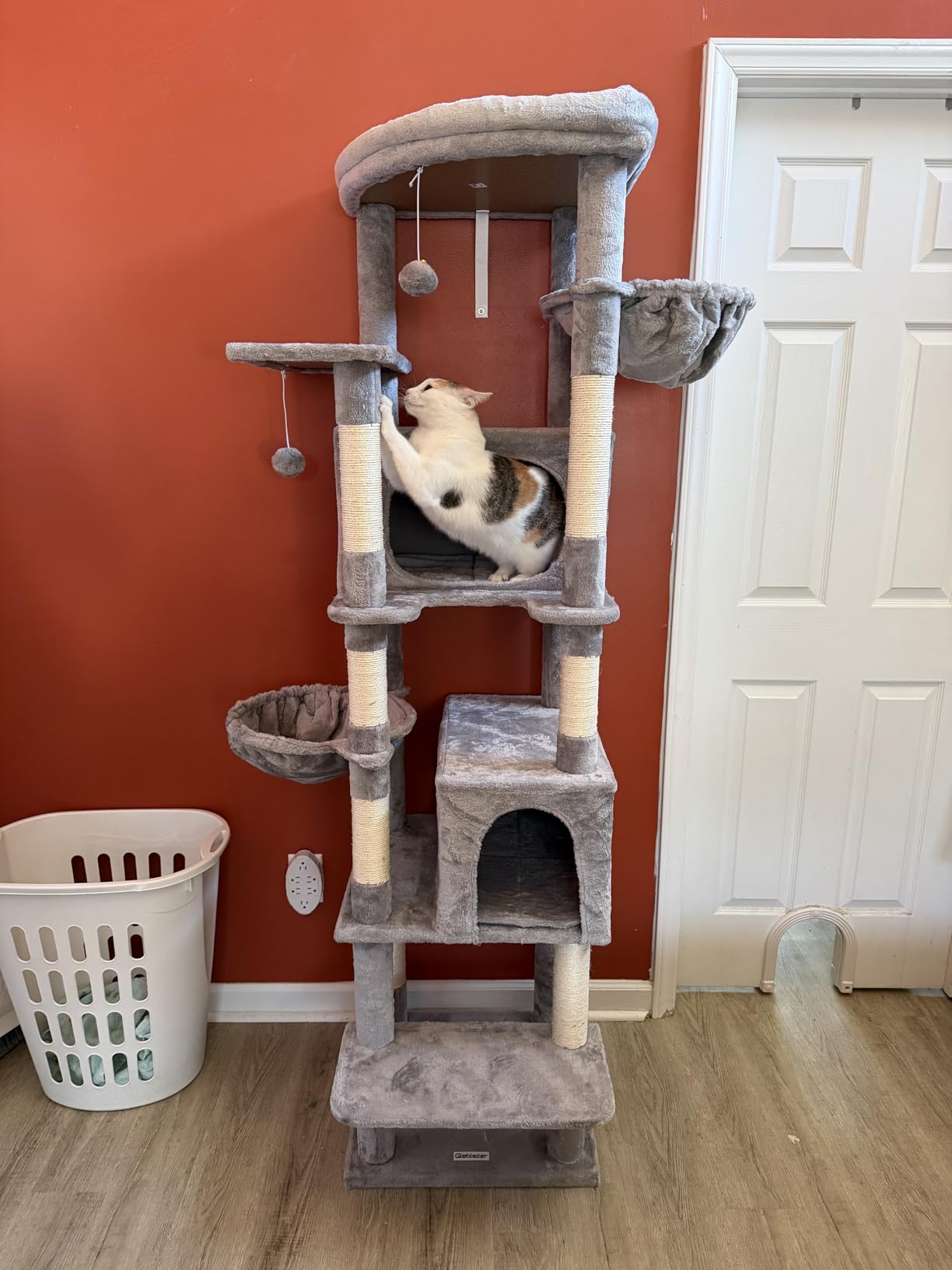Globlazer Heavy Duty Cat Tree, 74in Sturdy Cat Tower for Large Cats Adult, Big Cat Tree with 7 Sisal Scratching Posts, 2 Padded Condos, 2 Dual-Ear Hanging Baskets, Enlarged Top Perch, S74, Beige customer photo 1
