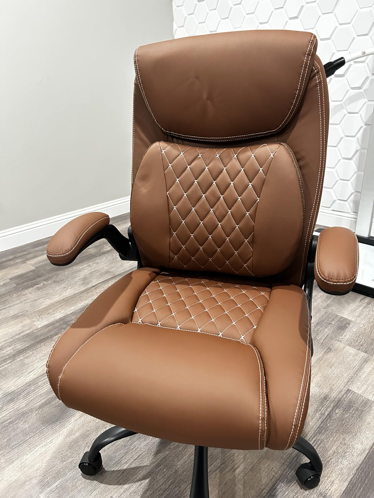 Office Chair, Ergonomic Computer Desk Chairs with Lumbar Support for Lower Back Pain Relief, Executive Leather Home Chair Comfy with Padded Flip-up Armrests customer photo 1
