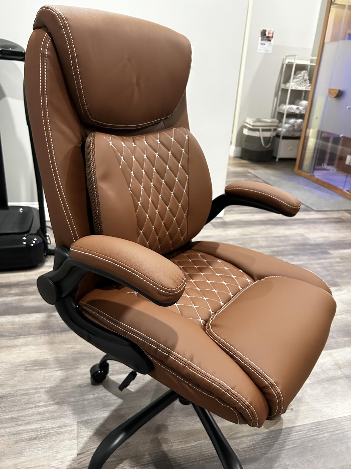 Office Chair, Ergonomic Computer Desk Chairs with Lumbar Support for Lower Back Pain Relief, Executive Leather Home Chair Comfy with Padded Flip-up Armrests customer photo 2