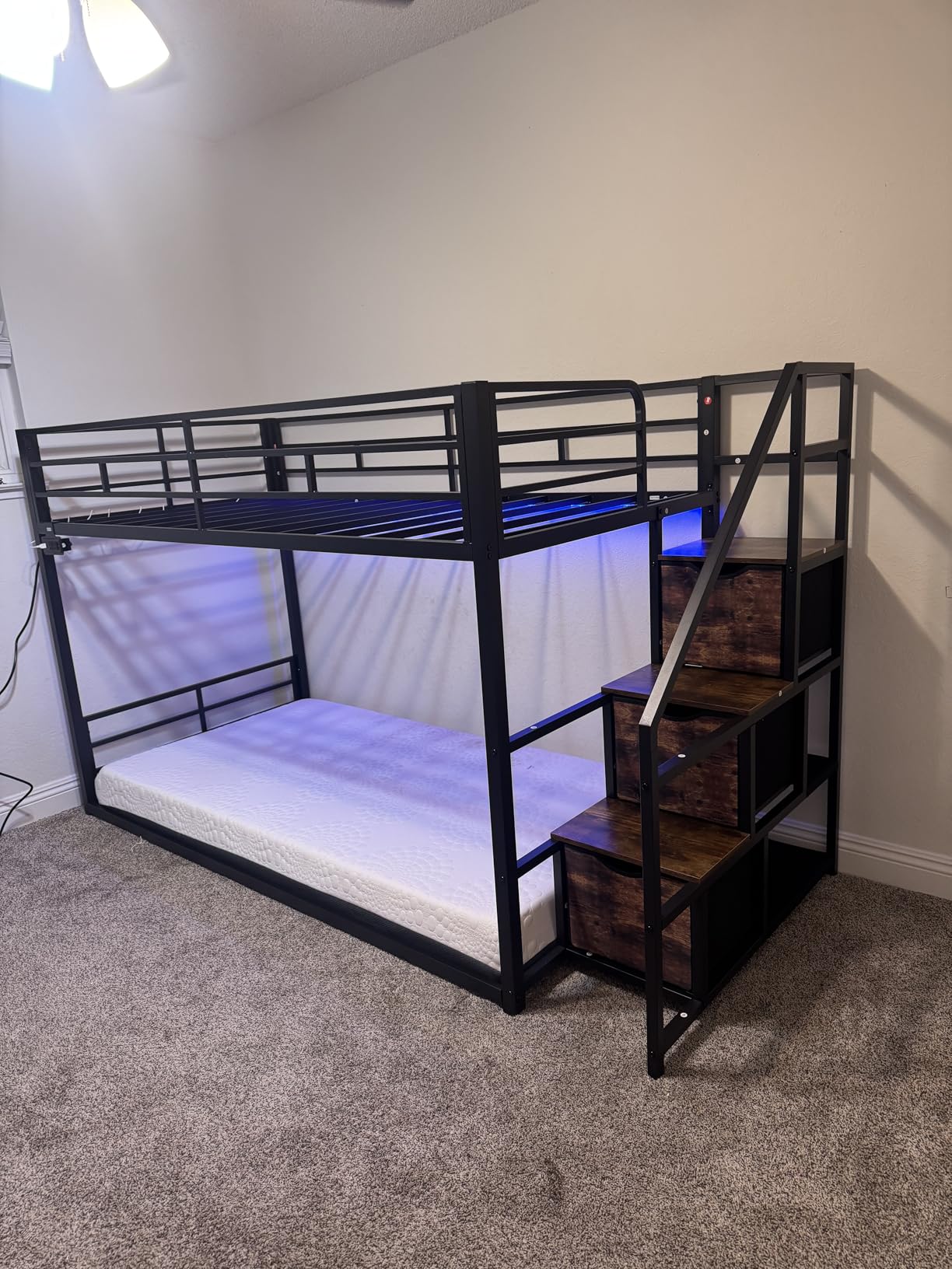ADORNEVE Low Bunk Bed Twin Over Twin with Storage Staircase, Drawers & Shelves, RGB LED Lights Metal Floor Bunk with Power Outlet, Full-Length Guardrail & Metal Slats, for Small Space, Kids, Black customer photo 2