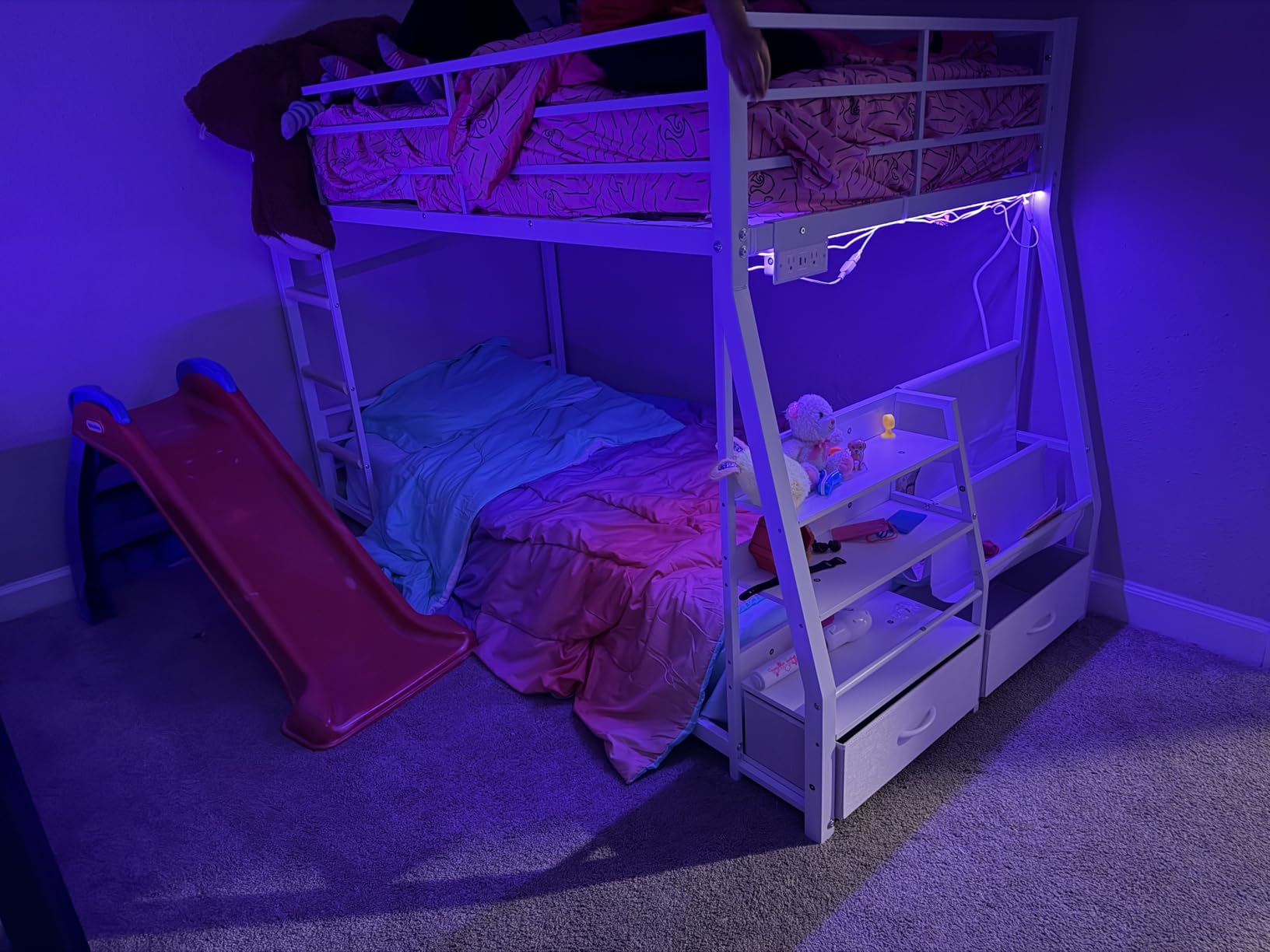 ADORNEVE Low Bunk Bed with Sling Bookshelves, Storage Drawers & Power Outlet, LED Metal Floor Bunk Twin Over Twin with Full-Length Guardrail & Metal Slats, No Box Spring Needed, for Kids, Black customer photo 2