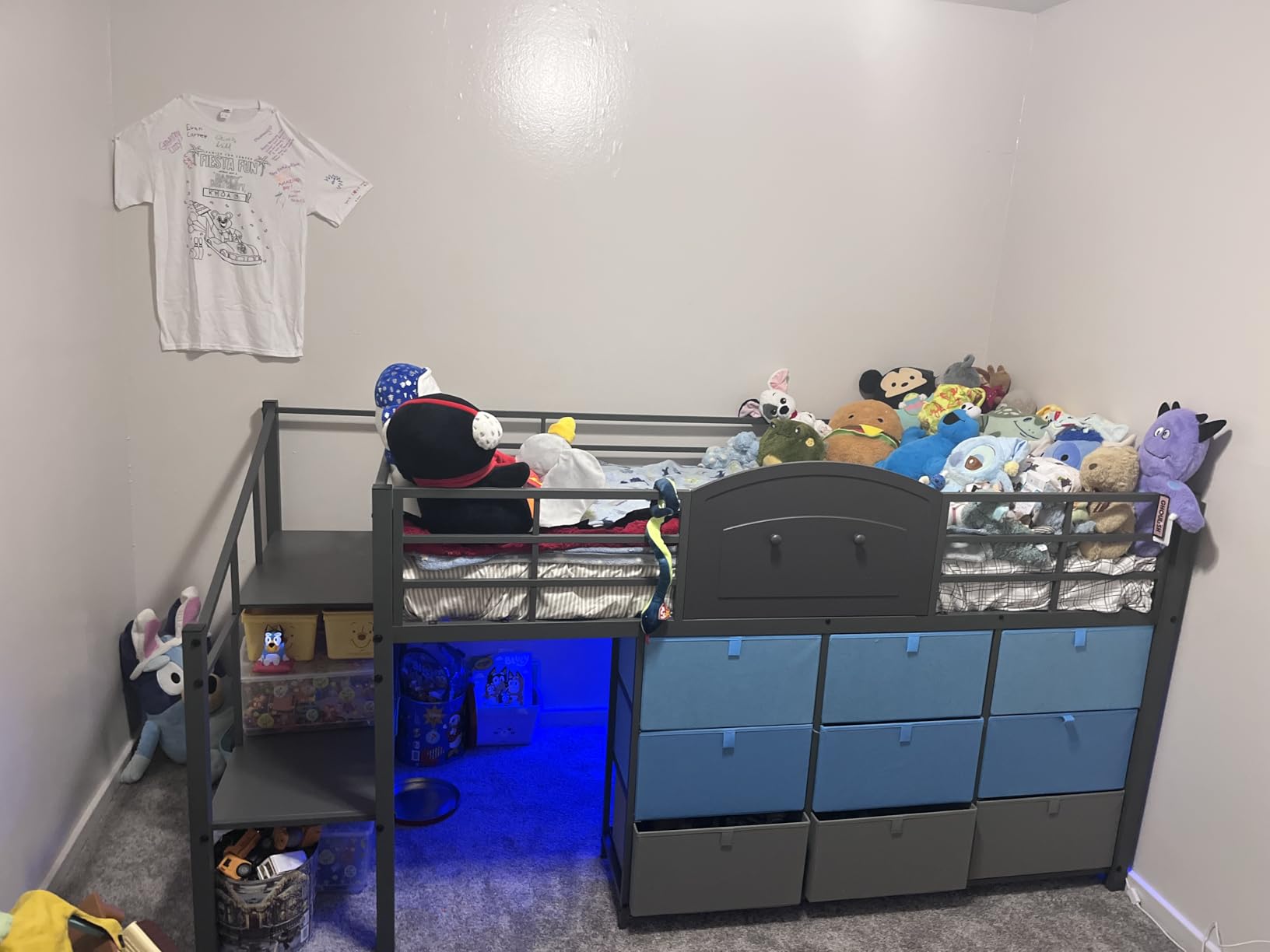 VIAGDO Low Loft Bed Twin Size with 9 Storage Drawers and LED Lights, Metal Twin Loft Bed with Stairway Shelf Storage, Low Loft Bed with Safety Guardrail and Under-Bed Hideaway for Kids, Grey customer photo 2