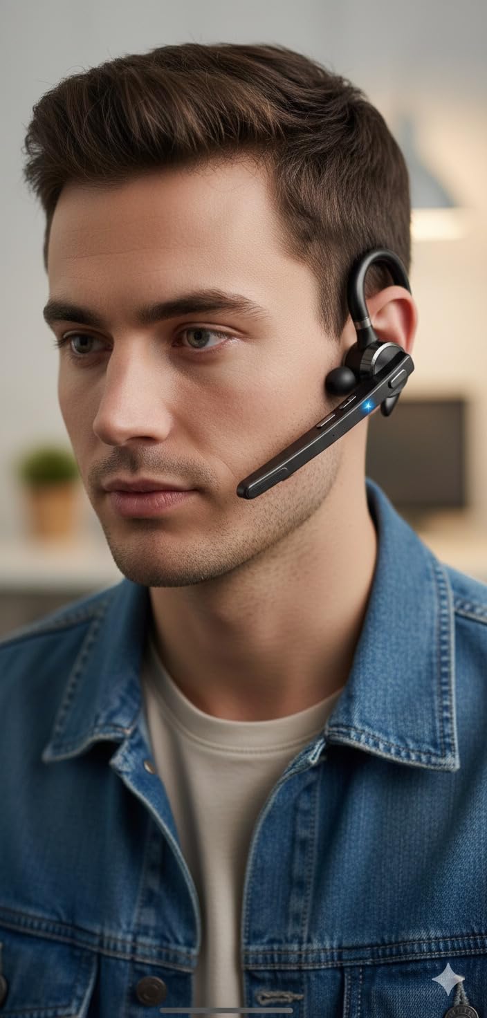Bluetooth Headset, Wireless Bluetooth 5.3 Earpiece, 90Hrs Hands Free Headset with APTX HD Audio & Mute Button, Dual Noise Cancelling Mics, Single-Ear Headphone for Trucker/Business/Office/Gym customer photo 2
