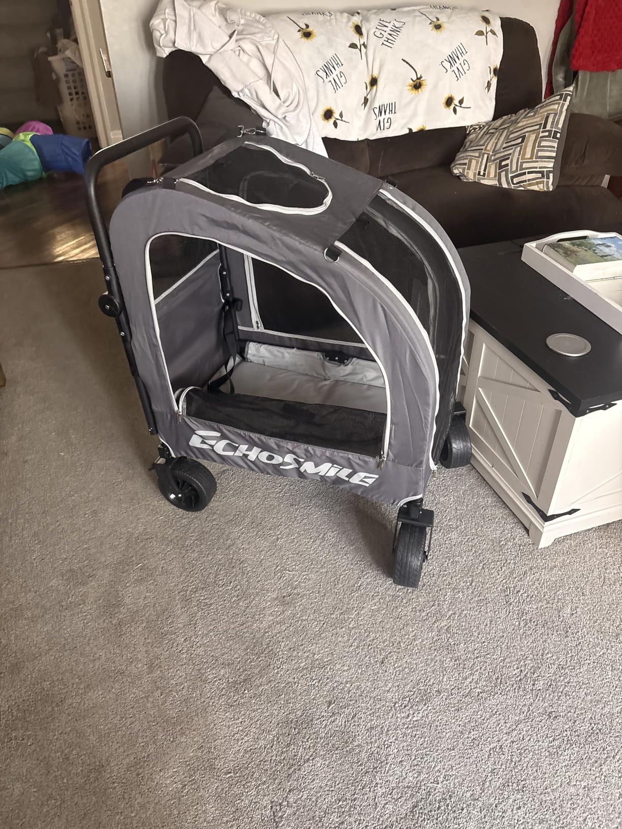 EchoSmile 4 Wheels Pet Stroller, Dog & Cat Stroller for All-Season, Lightweight Carrier with Storage Basket, Adjustable Handle, Removable Pad, Breathable Mesh, Up to 135 lbs, Grey customer photo 1