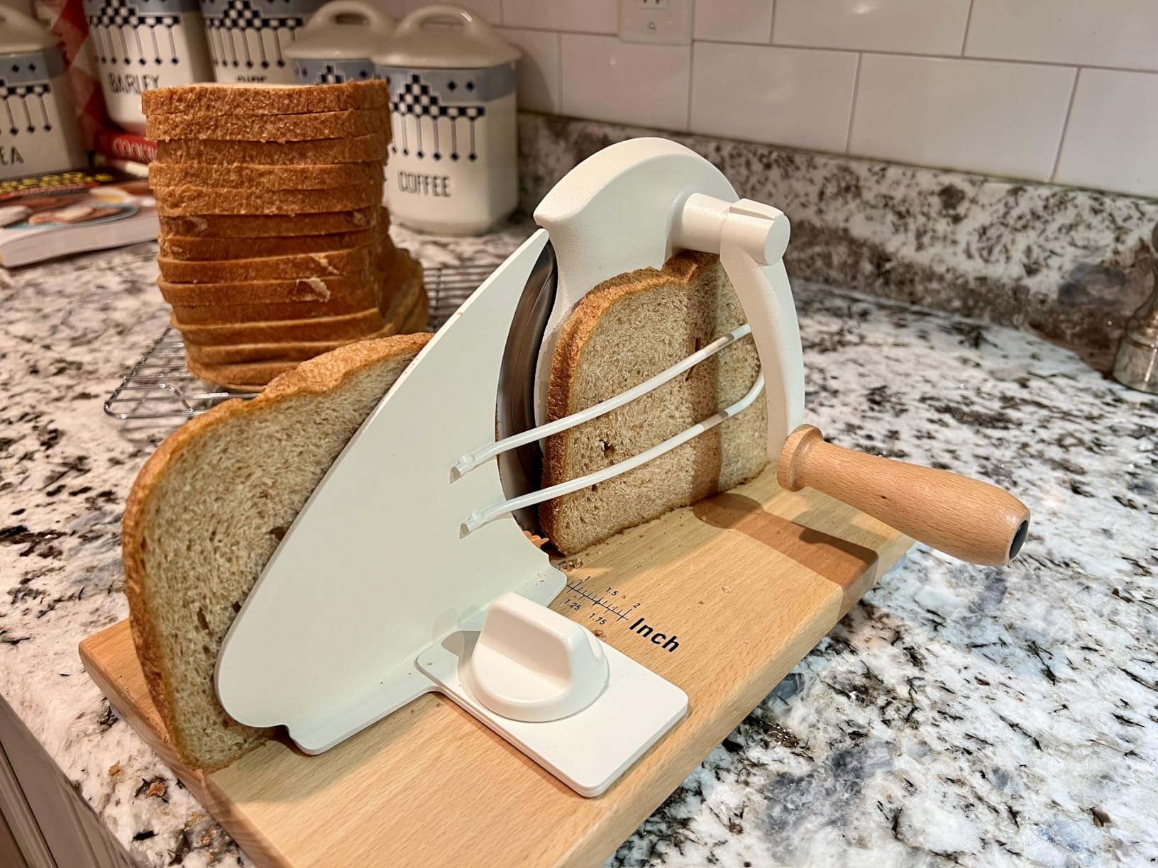 CAWIU Upgraded Manual Bread Slicer for Homemade Sourdough Bread - Adjustable Thickness Bread Cutter with Hand Crank, Suction Cups, Slicing Guide, Scale Line & Cover, for Perfect Even Slices (Cream) customer photo 1