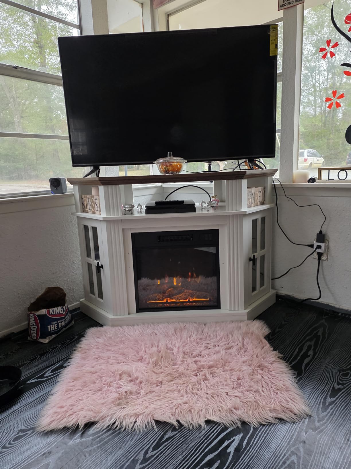Furmax Fireplace Corner TV Stand for Up to 55 Inch, Modern Console with 18 Inch Electric Fireplace, Entertainment Center with Open Shelf and Storage Cabinets for Living Room (LED Antique White) customer photo 2
