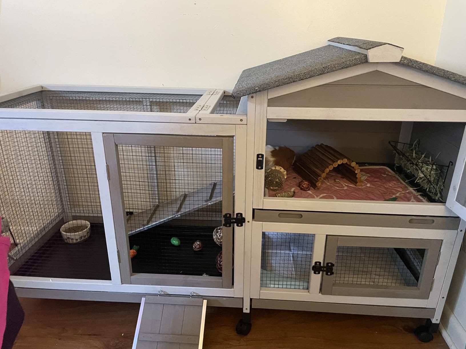 2 Story Rabbit Hutch Outdoor Indoor, Wooden Bunny Cage with 6 Lockable Wheels, 3 Removable No Leakage Pull Out Trays, Chew-Proof Ramp & Waterproof Roof, Ideal for Rabbit & Guinea Pig customer photo 2