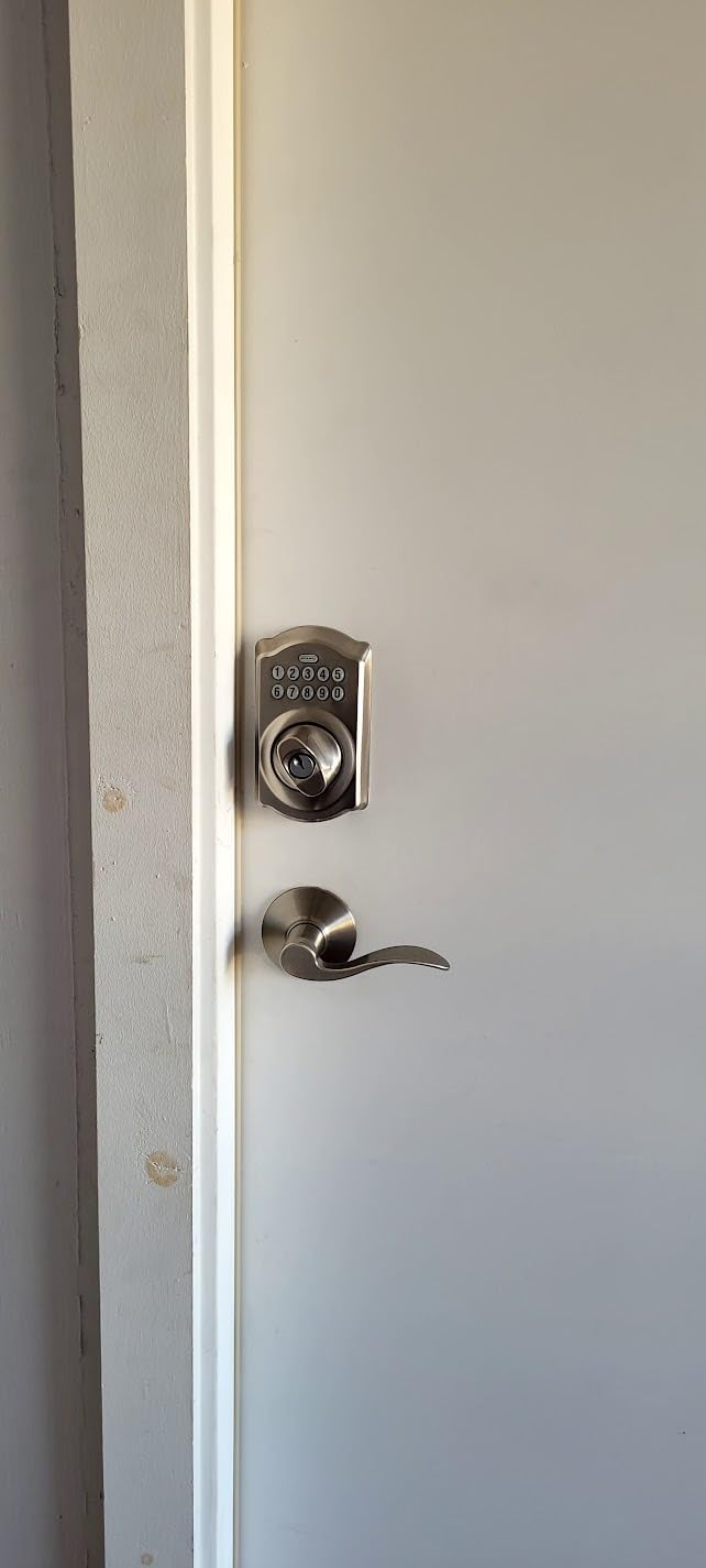 Schlage Camelot Electronic Keypad Deadbolt Lock, Keyless Front Door Entry, Mechanical Key Backup Included, Satin Nickel, BE365 V CAM 619 customer photo 1