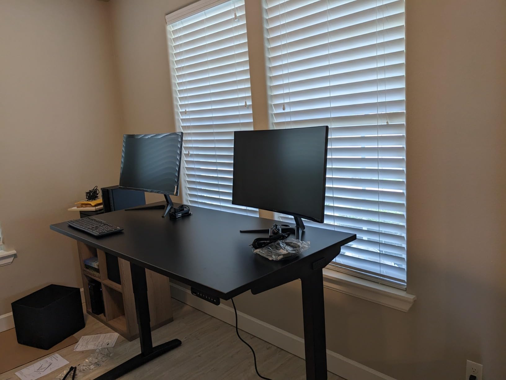 UPLIFTDESK V3 2-Leg Walnut Laminate Wood Standing Desk - Adjustable Height, Advanced 1-Touch Memory Keypad, Under Desk Cable Management, Wire Grommets & Rocker Board (Black C-Frame, 60 x 30 inch) customer photo 1