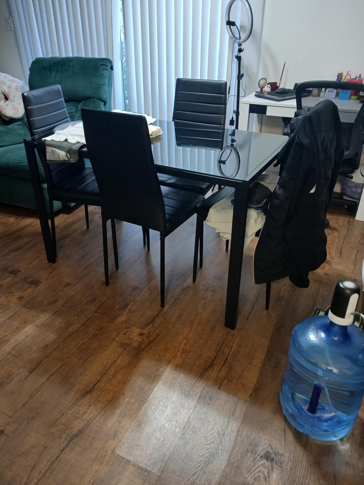 FDW 5-Piece Dining Table Set, Black Glass Kitchen Table with 4 Upholstered Chairs and Faux Leather Cushions, Space-Saving and Modern Design, Easy to Assemble customer photo 1
