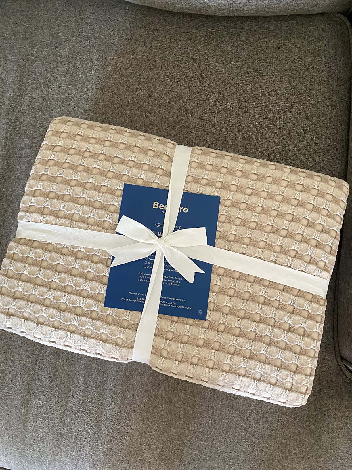 Bedsure Cooling Waffle Queen Size Blanket - Lightweight Cotton Summer Blanket of Rayon Derived from Bamboo for Hot Sleepers, Luxury Throws for Bed, Couch and Sofa, Ivory, 90x90 Inches customer photo 1