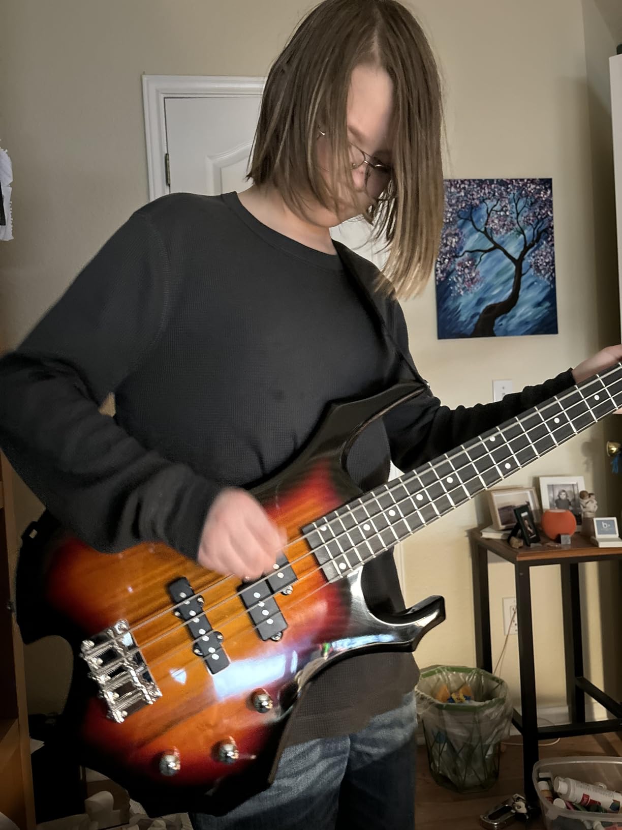 GLARRY Electric Bass Guitar 4 Strings Buring Fire Style Full Size for Beginner Right Hand with Bag, Strap and Accessories (Black) customer photo 1
