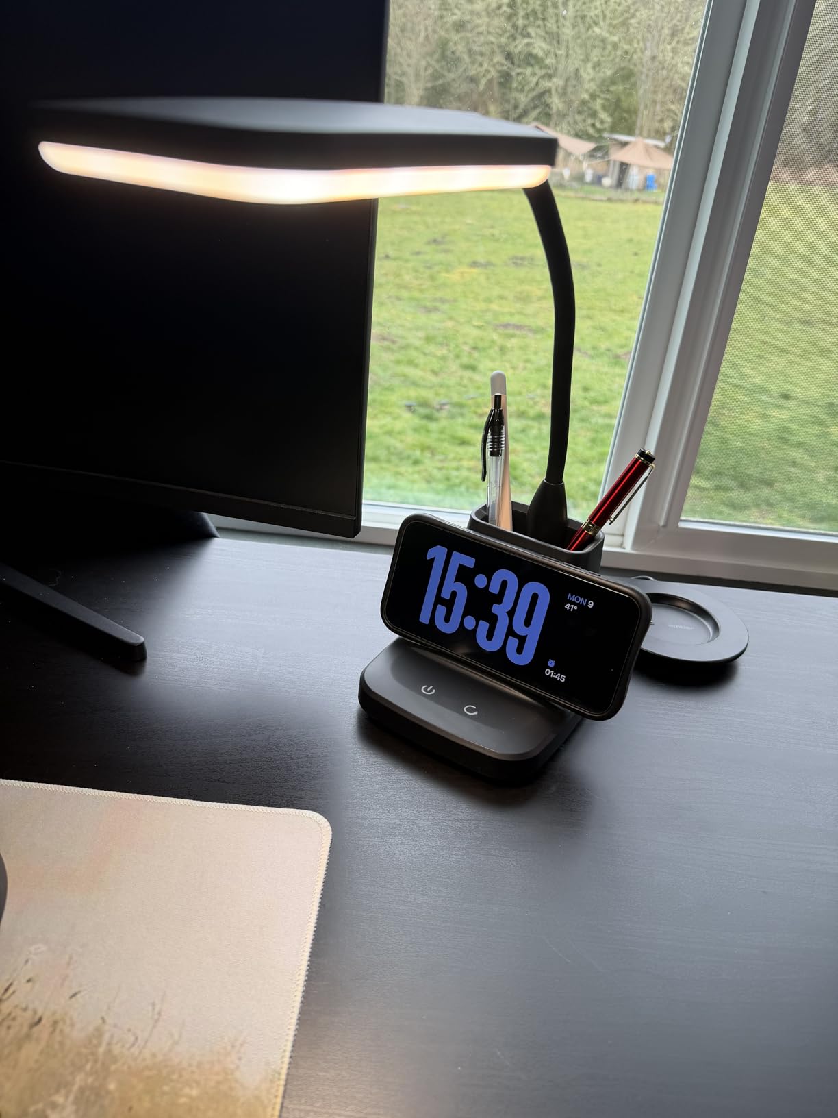 Desk Lamp, LED Desk Lamps for Home Office, Wireless Charger Small Desk Lamp with Pen Holder, 3 Color Modes, Dimmable, CRI 85, 800LM, Study Lamps for College Dorm Room, Adapter Included, Black customer photo 1