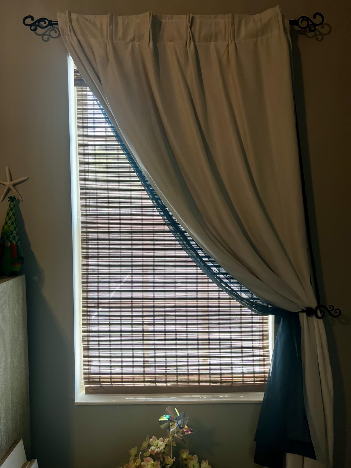 LazBlinds No Tools No Drill Cordless Bamboo Roman Shades, Light Filtering Window Treatment, Roll Up Bamboo Blinds for Windows 34'' W x 64'' H, Brown customer photo 1