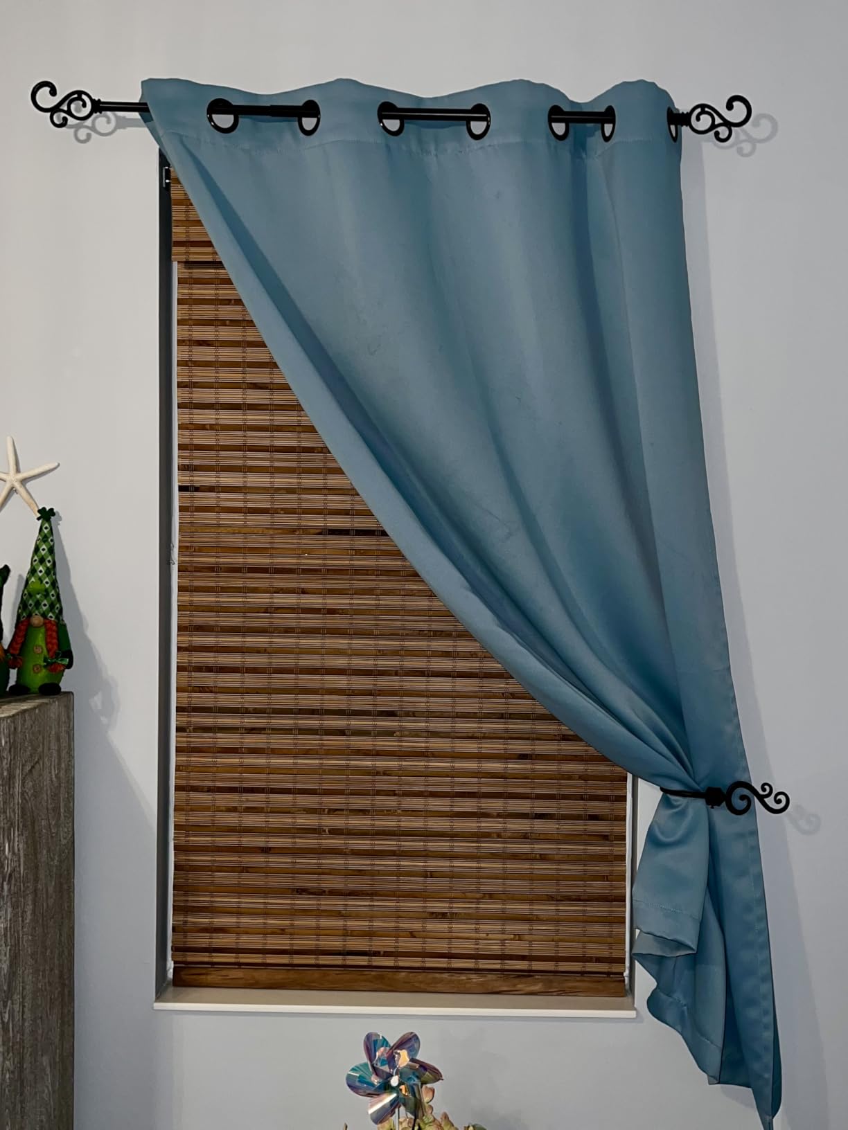 LazBlinds No Tools No Drill Cordless Bamboo Roman Shades, Light Filtering Window Treatment, Roll Up Bamboo Blinds for Windows 34'' W x 64'' H, Brown customer photo 2