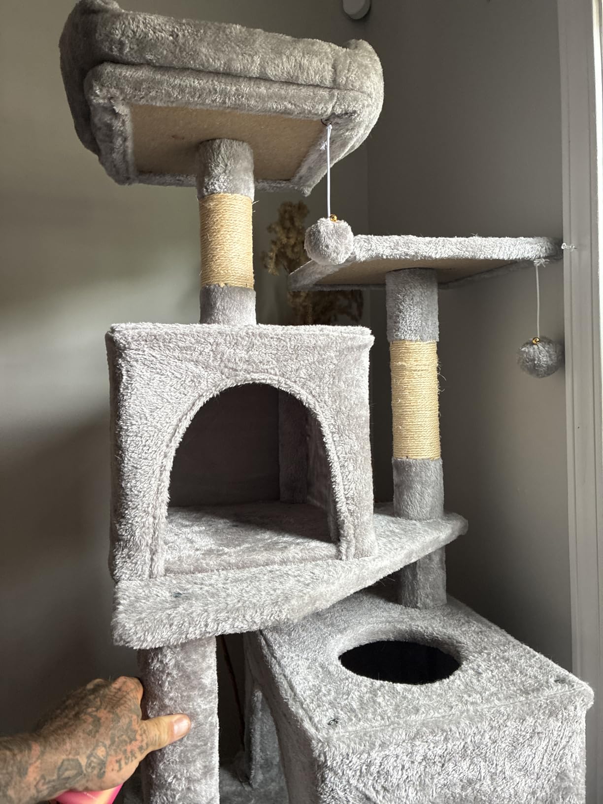 Feandrea Cat Tree, 59.5-Inch Tall Cat Tower, Plush Multi-Level Condo with 5 Scratching Posts, 2 Perches, 2 Caves, Hammock, 2 Pompoms, Light Gray UPCT192W01 customer photo 2